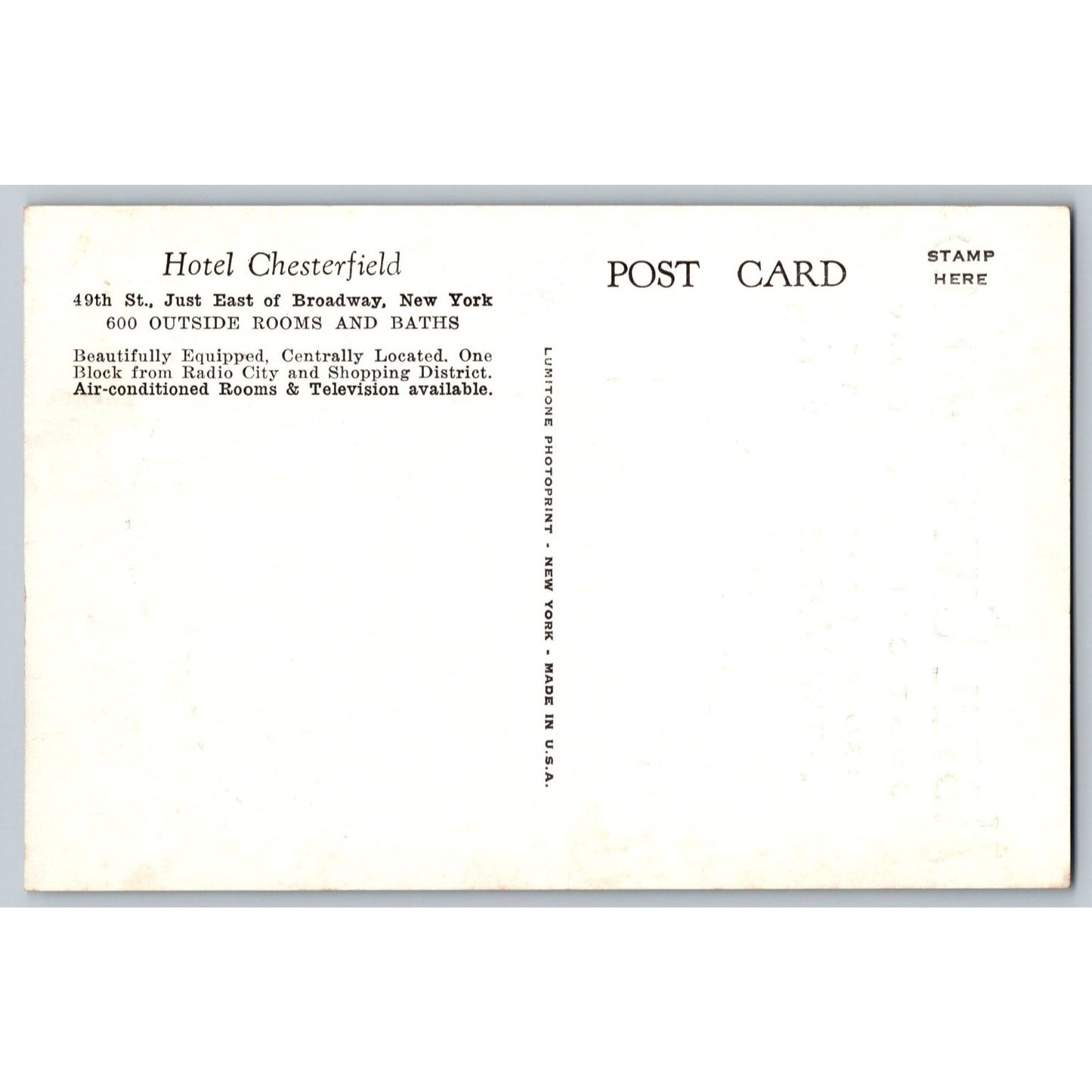 New York City NY Hotel Chesterfield Illustrated Advertising Postcard