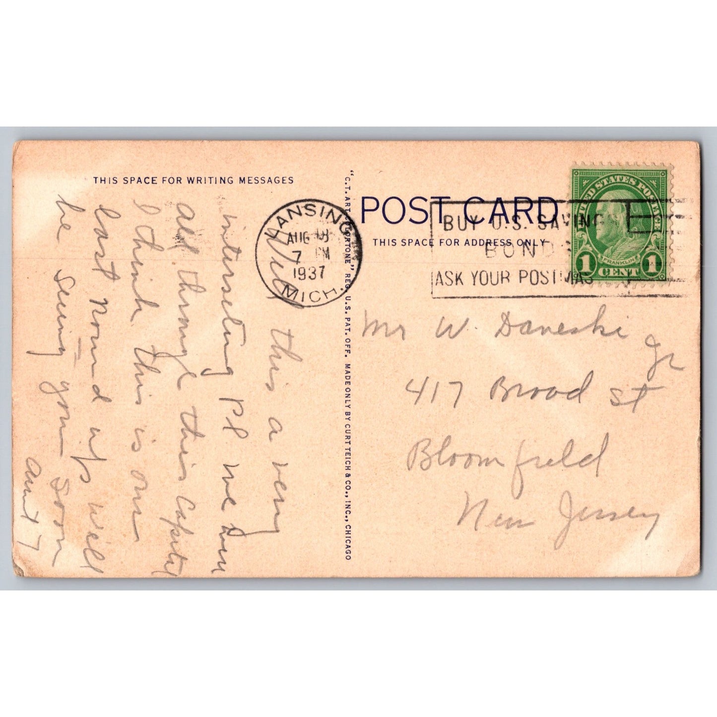 Lansing MI Michigan State Capitol 1937 White Border Postcard Used
