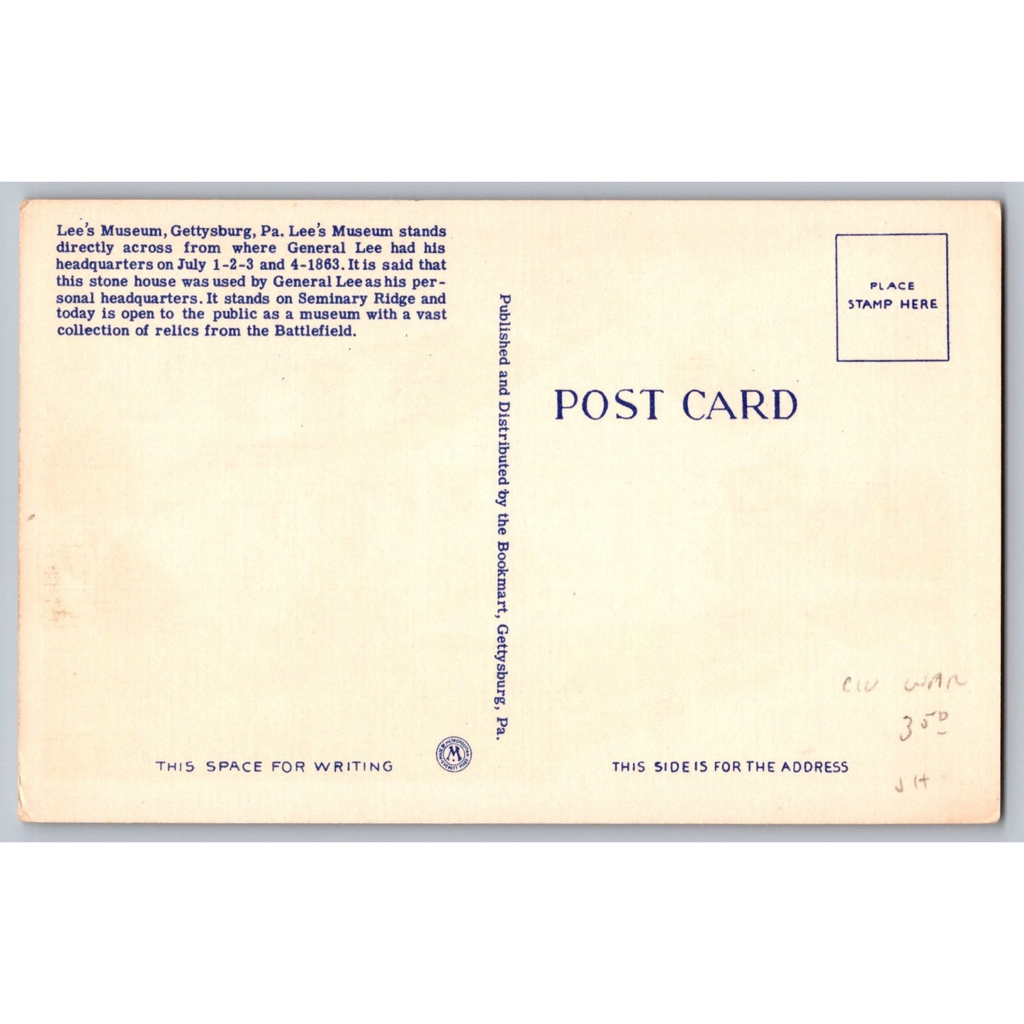 Gettsburg PA Pennsylvania Lee's Museum White Border Postcard Unused