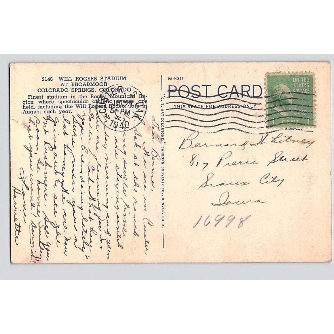 Colorado Springs CO Colorado Will Roger's Stadium Broadmoor Linen Postcard Used
