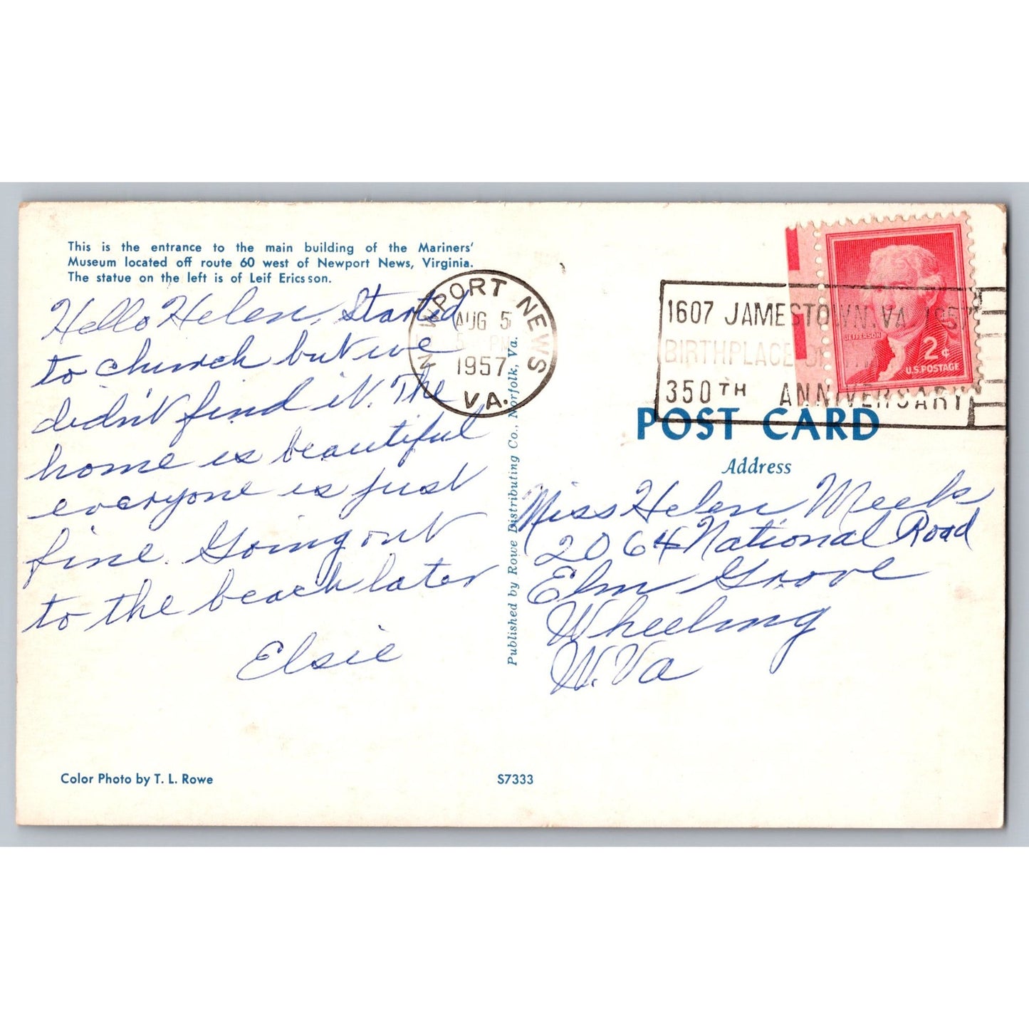 Newport News VA Virginia Mariners Museum 1957 Chrome Postcard T.L. Rowe Color Image