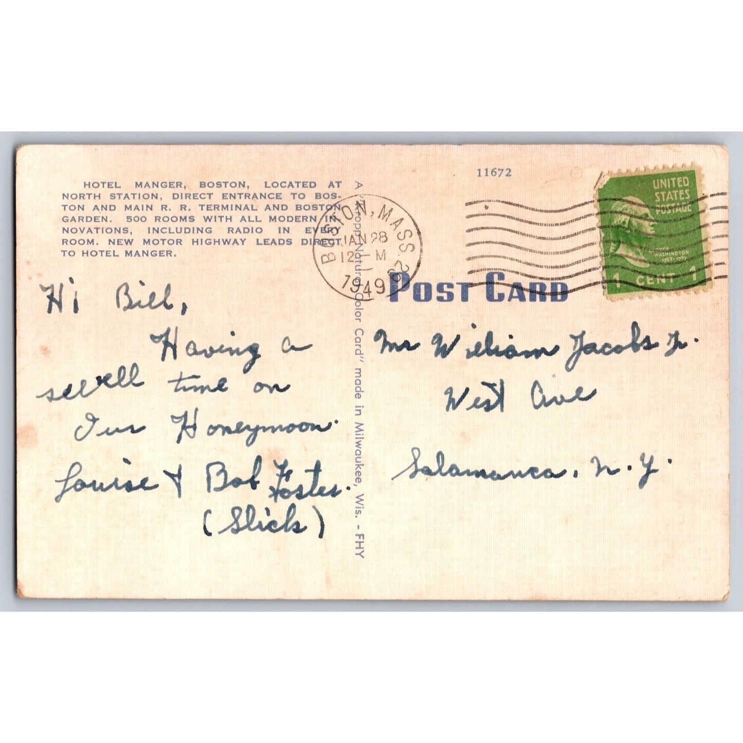 Boston MA Massachusetts Hotel Manger 1949 Linen Postcard Used with Stamp