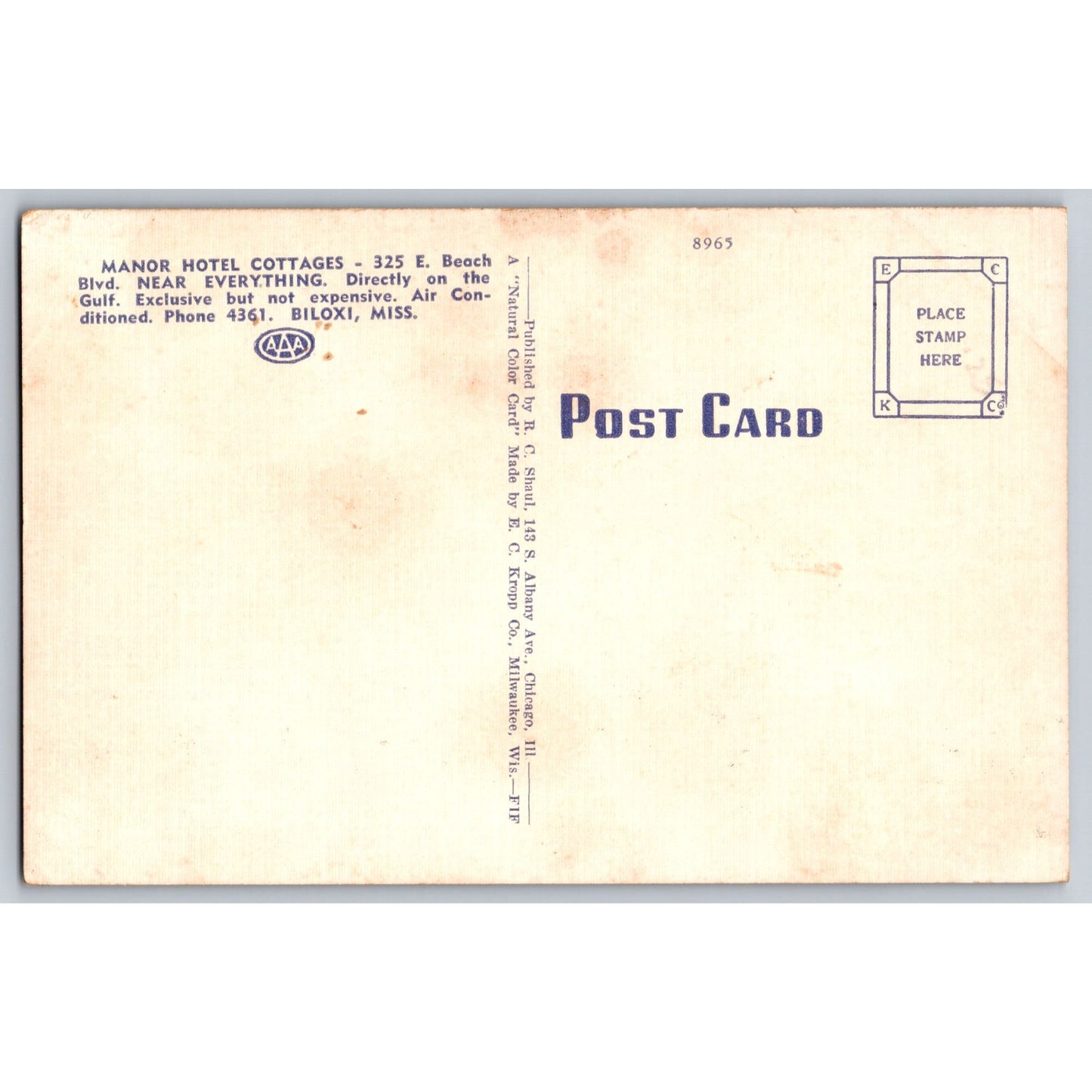 Biloxi MS Mississippi Manor Hotel Cottages Linen Postcard Unused Gulf Of Mexico