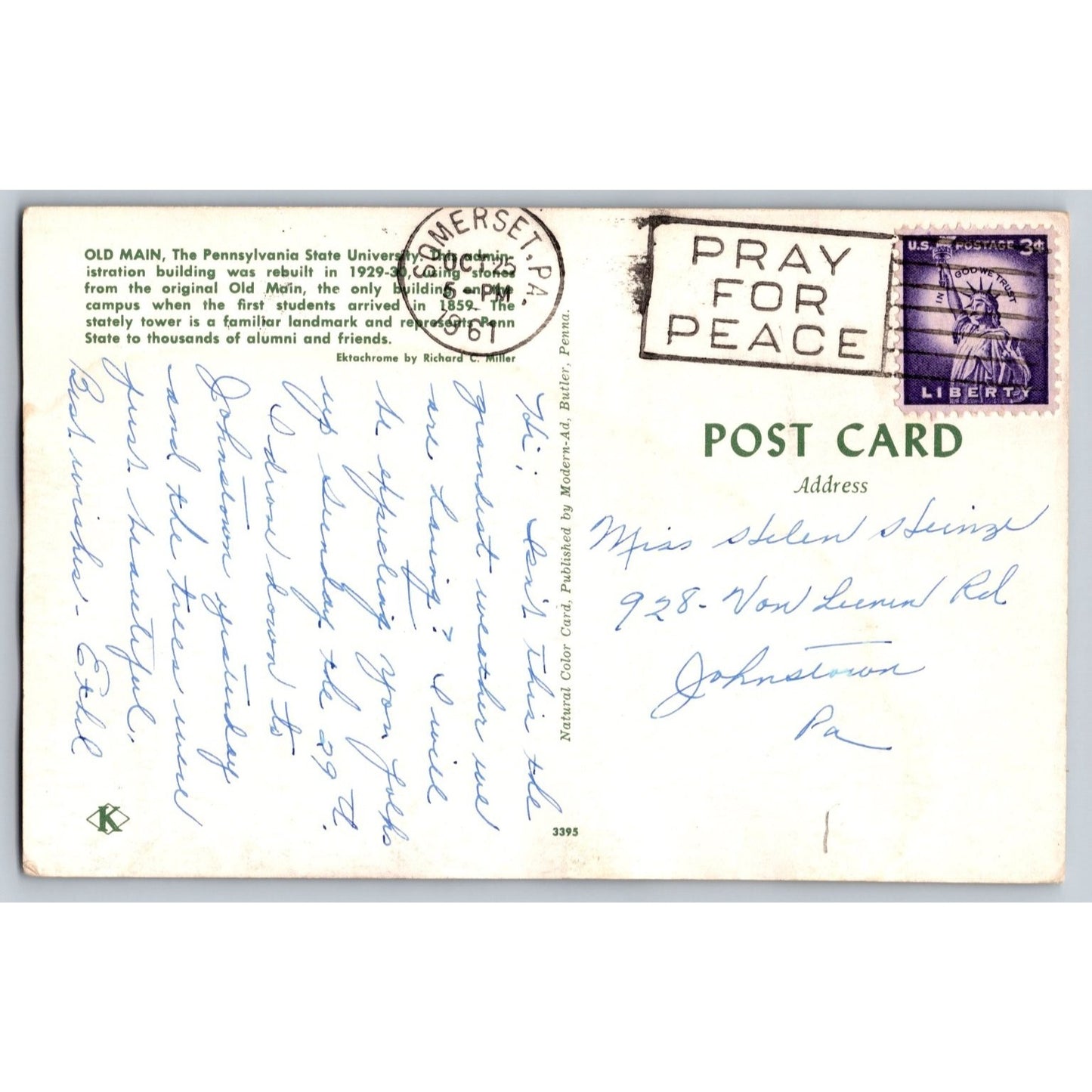 University Park PA Pennsylvania State University Chrome Postcard 50s Ektachrome