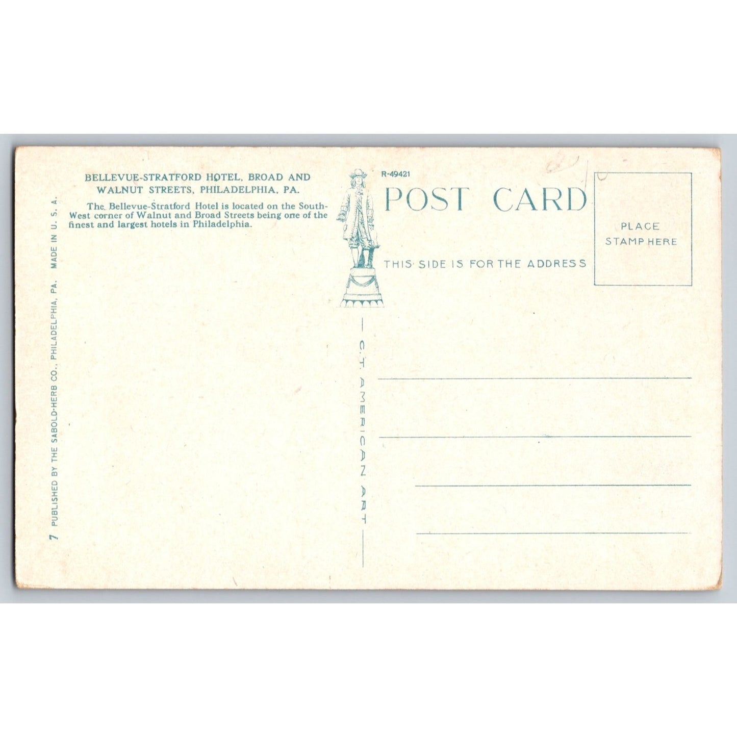 Philadelphia PA Pennsylvania Bellevue Stratford Hotel White Border Postcard