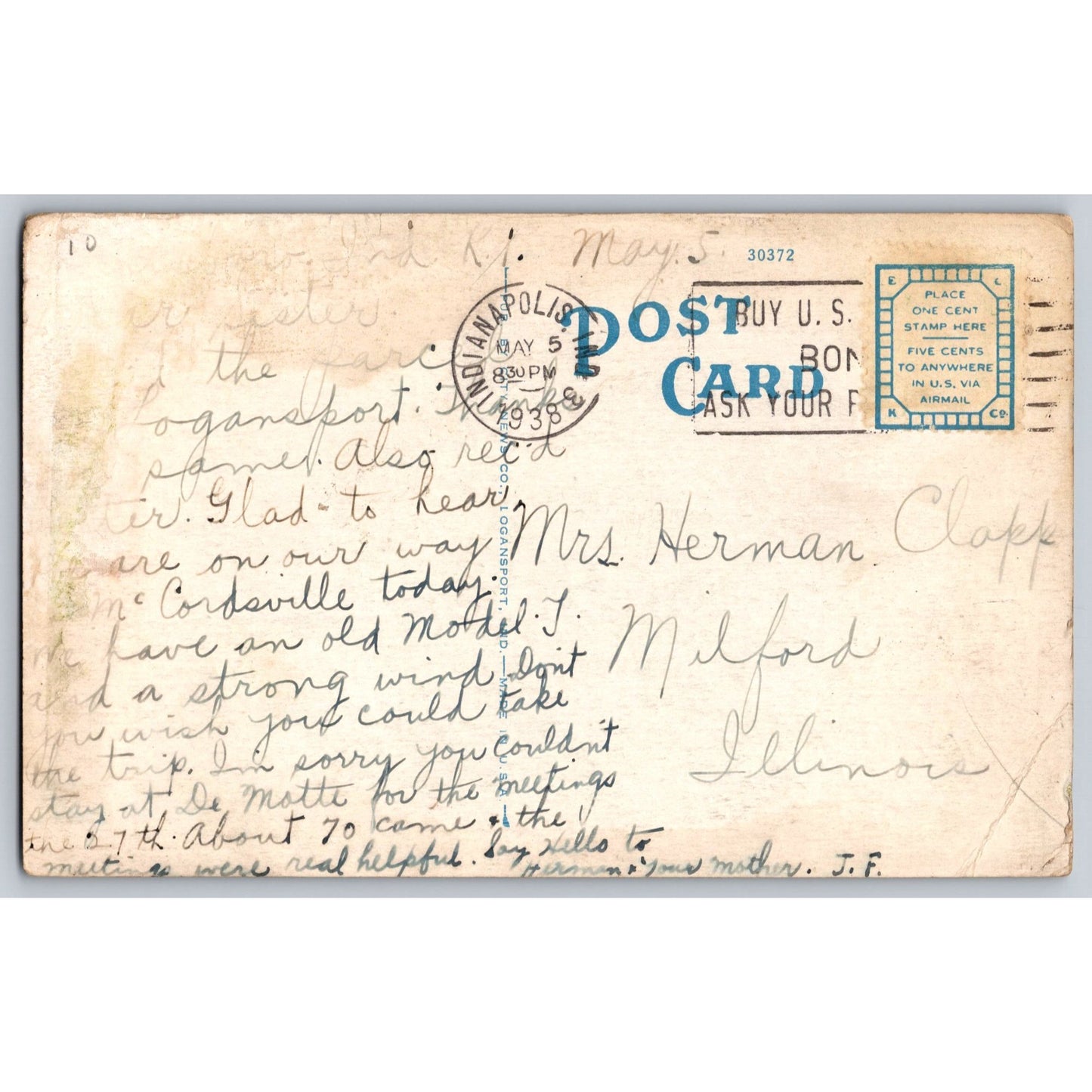 Logansport IN Indiana City Building 1938 White Border Postcard Used