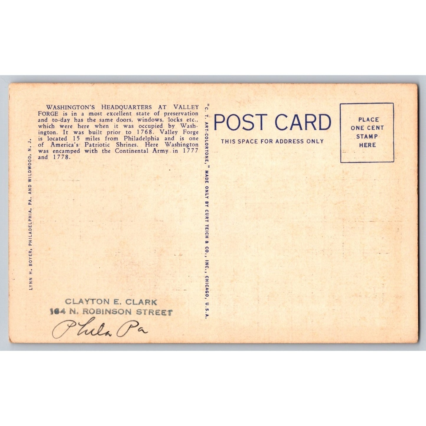 Valley Forge PA Pennsylvania Washington's Headquarters White Border Postcard