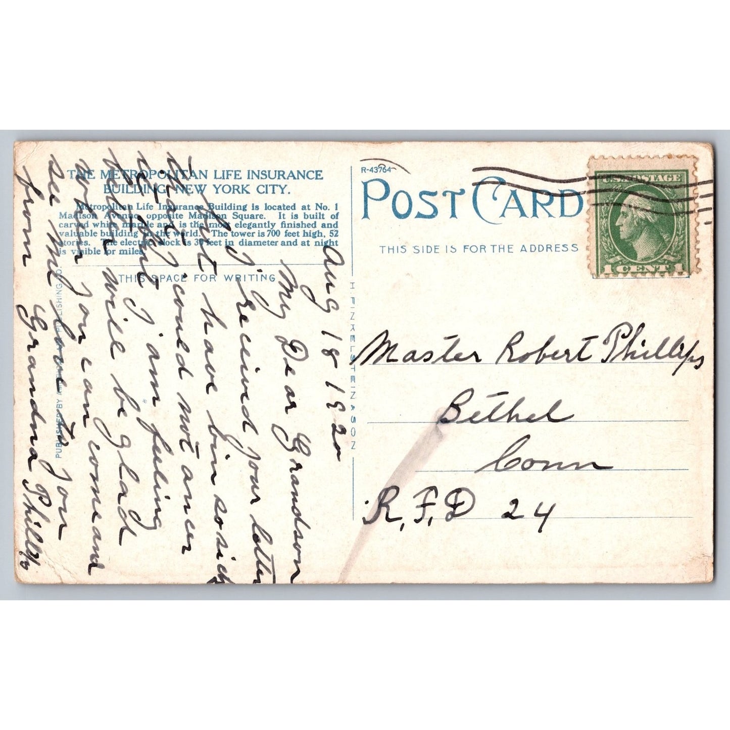 NY New York Metropolitan Life Insurance Building 1918 White Border Postcard