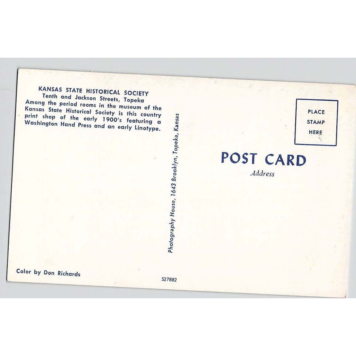 Topeka KS Kansas State Historical Society Interior Chrome Postcard Unused