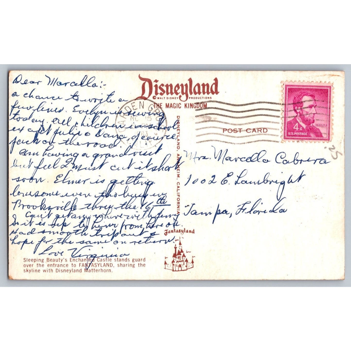 Anaheim CA California Disneyland Sleeping Beauty Castle Matterhorn 1963 Postcard
