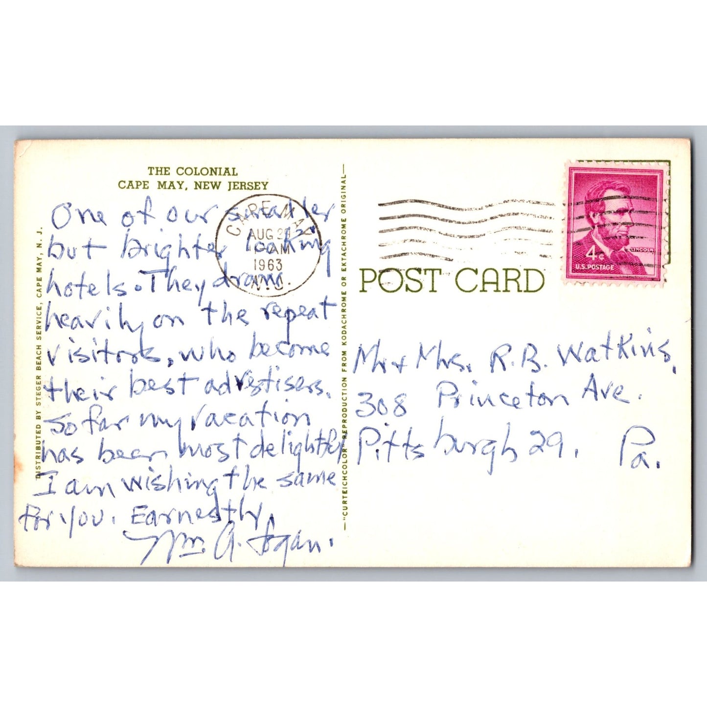 Cape May NJ New Jersey The Colonial Hotel Chrome Postcard Used 1963