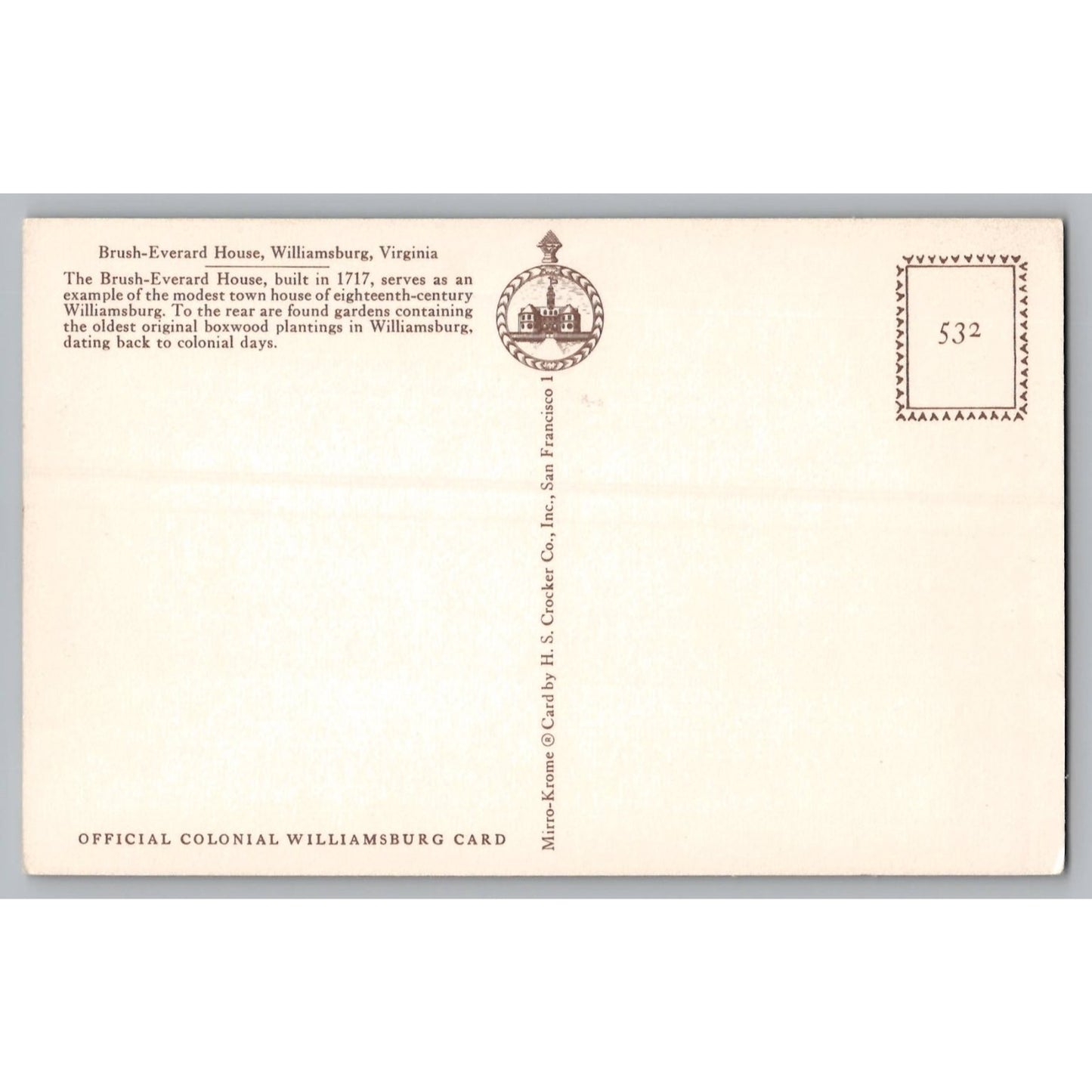 Williamsburg VA Virginia Williamsburg Brush-Everard House Chrome Postcard