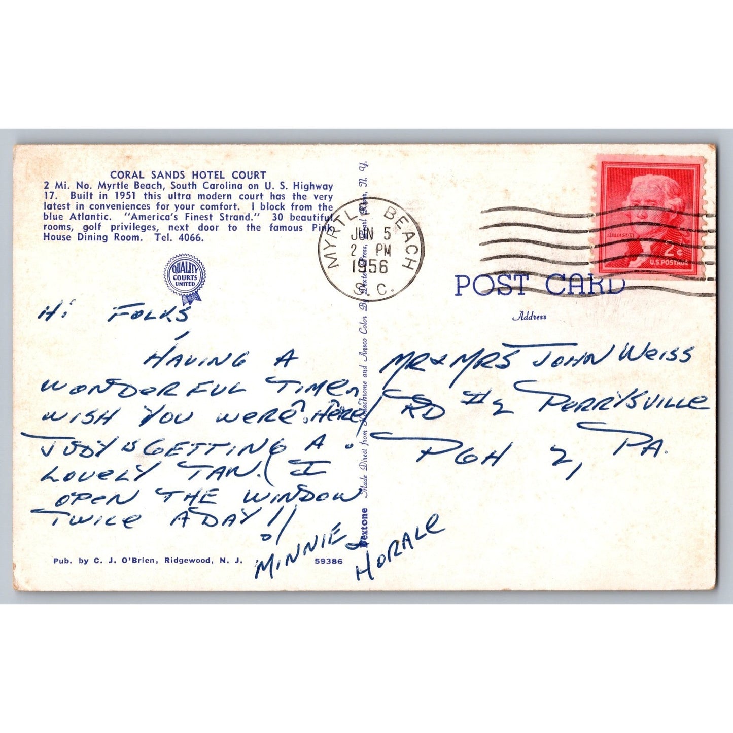 Myrtle Beach SC South Carolina Coral Sands Hotel Court 1956 Chrome Postcard Used