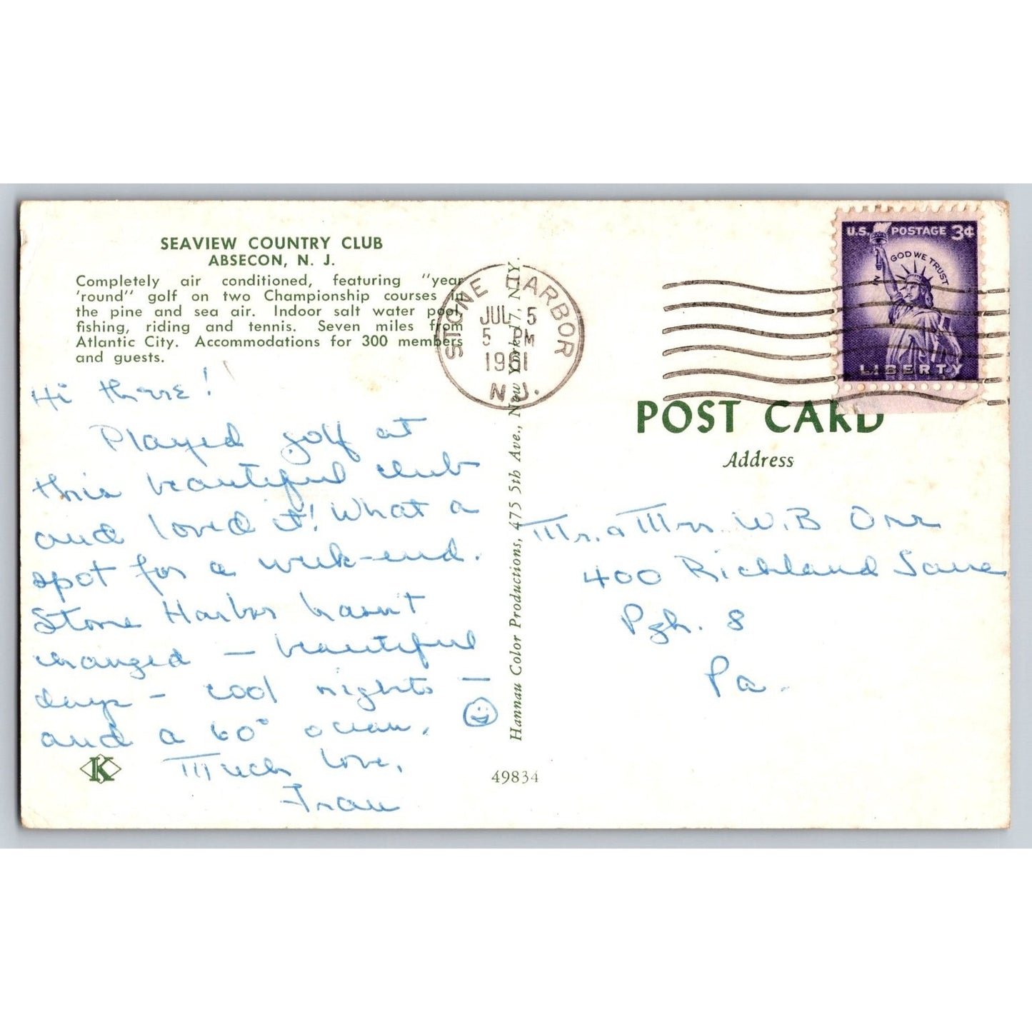 Absecon NJ New Jersey Seaview Country Club Golf Resort 1961 Chrome Postcard
