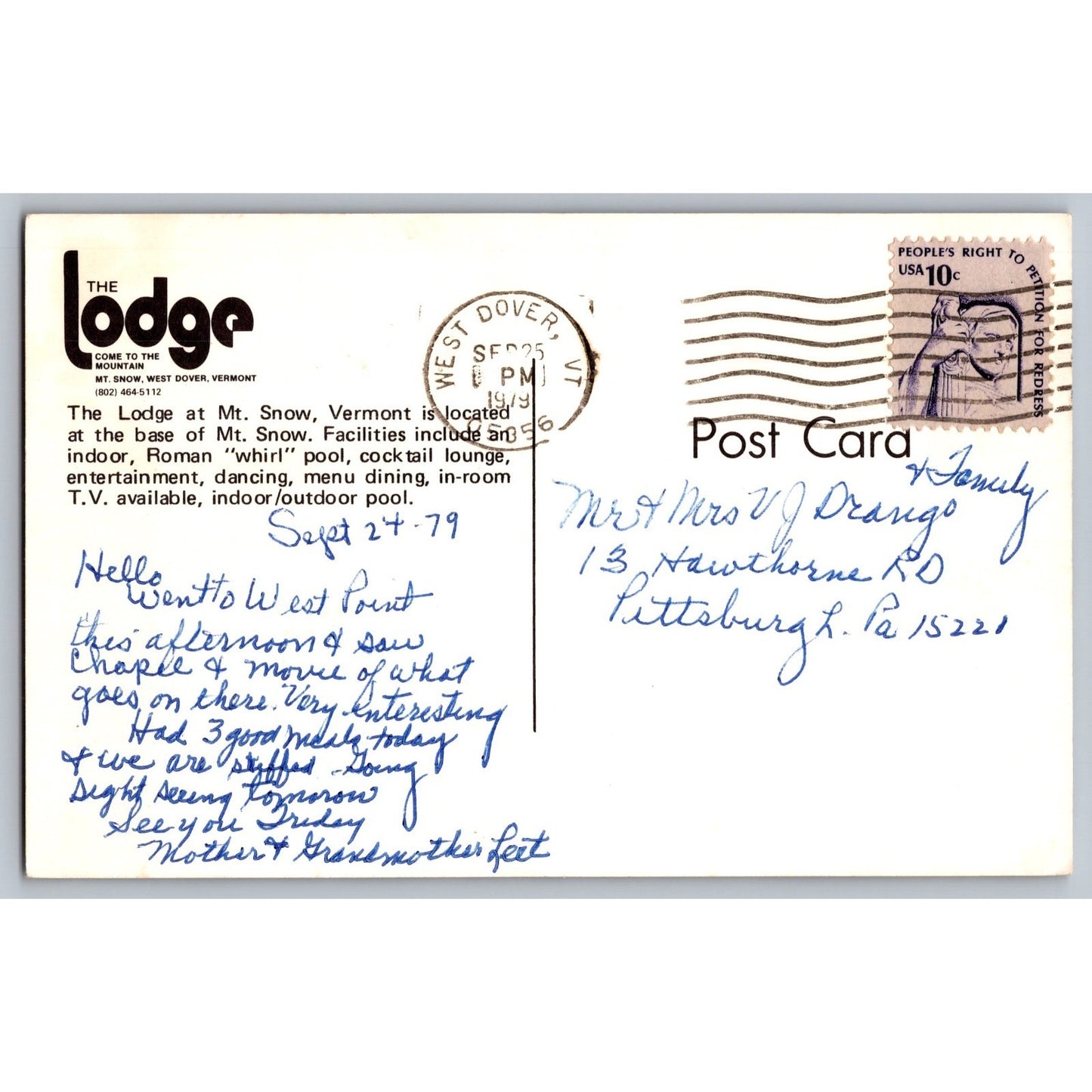 MT Snow West Dover VT Vermont The Lodge 1979 Chrome Postcard Used