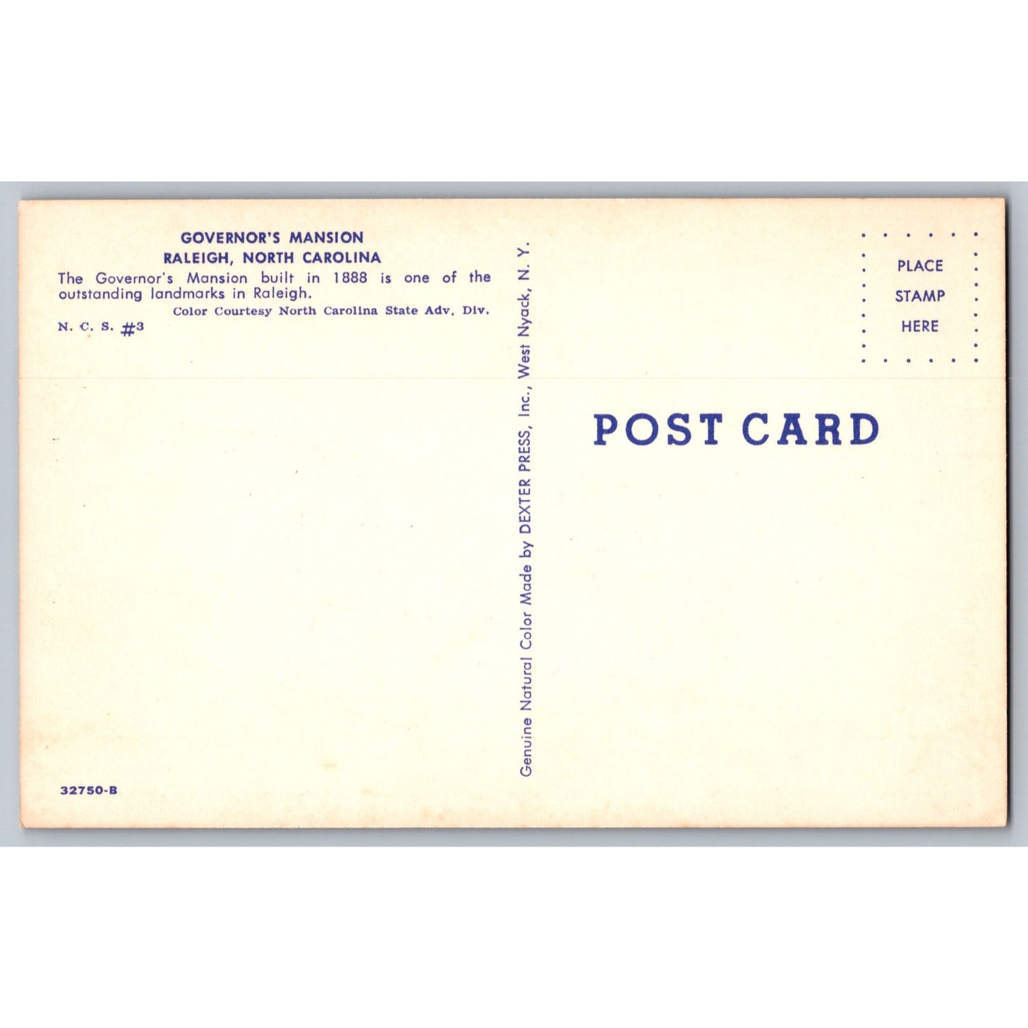 Raleigh NC North Carolina Governors Mansion Chrome Postcard Unused Dexter Press