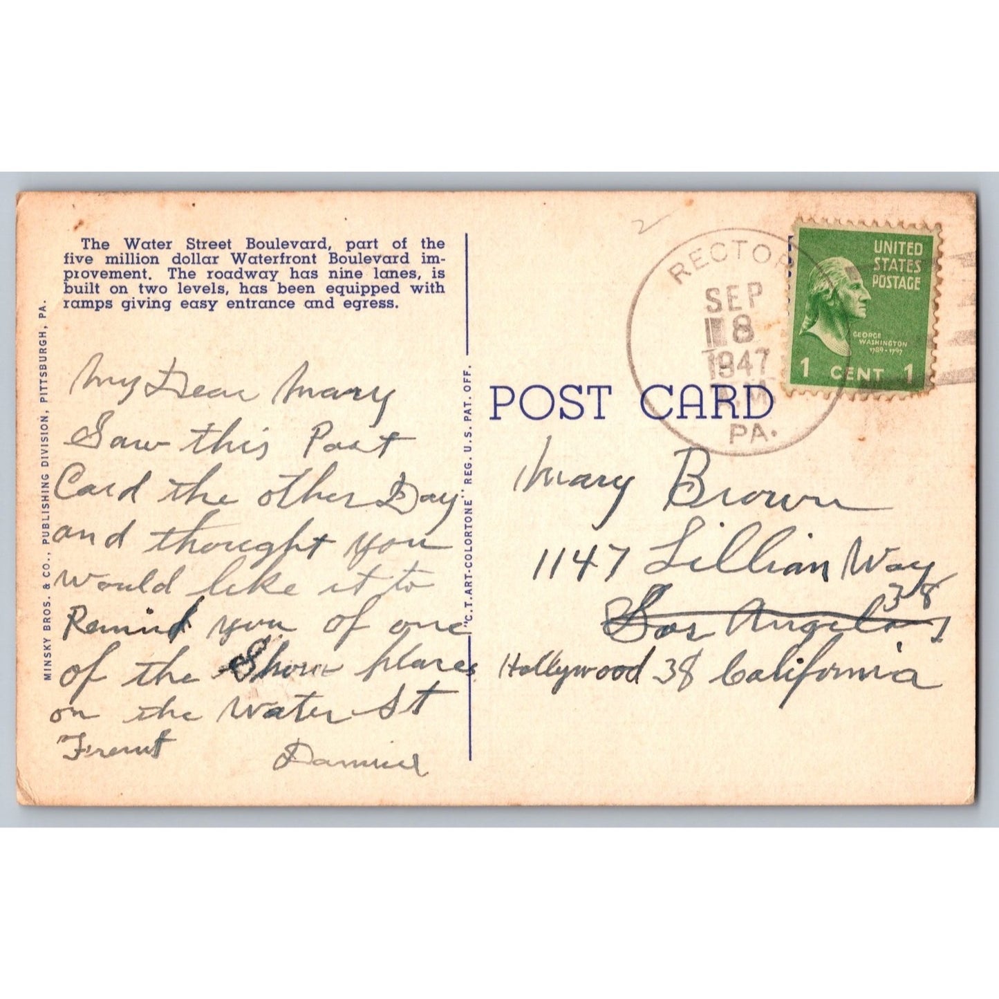 Pittsburgh PA Pennsylvania Water Front Boulevard Lincoln Highway Linen Postcard