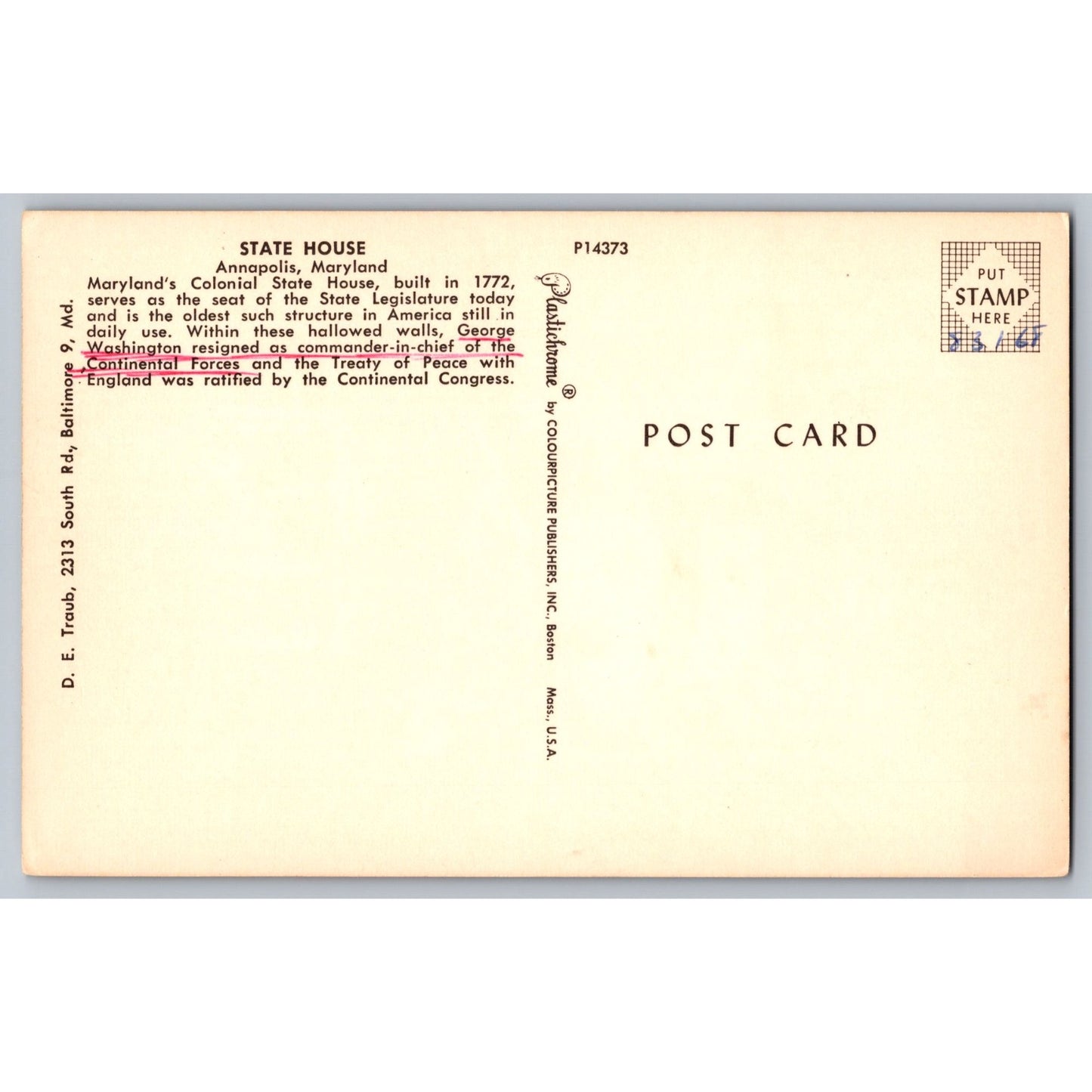 Annapolis MD Maryland State House Chrome Postcard Unused Colourpicture