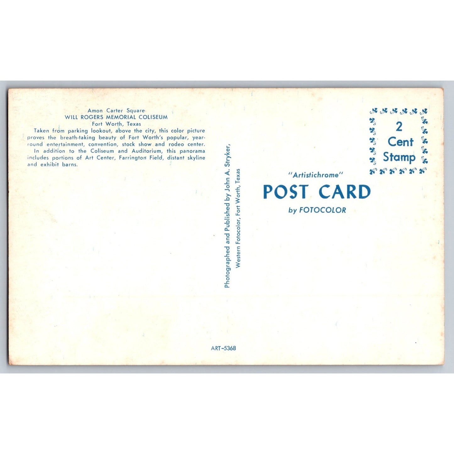 Fort Worth TX Texas Will Rogers Memorial Coliseum Chrome Postcard Unused