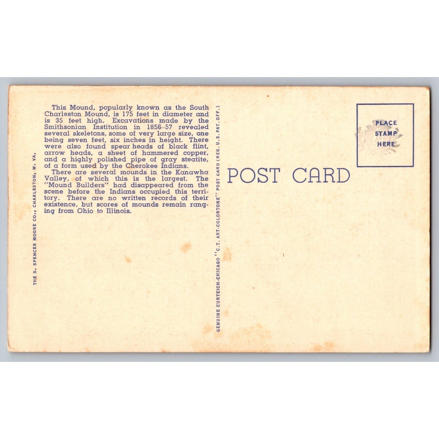 South Charleston WV West Virginia Indian Mound 1940s Linen Postcard Unused
