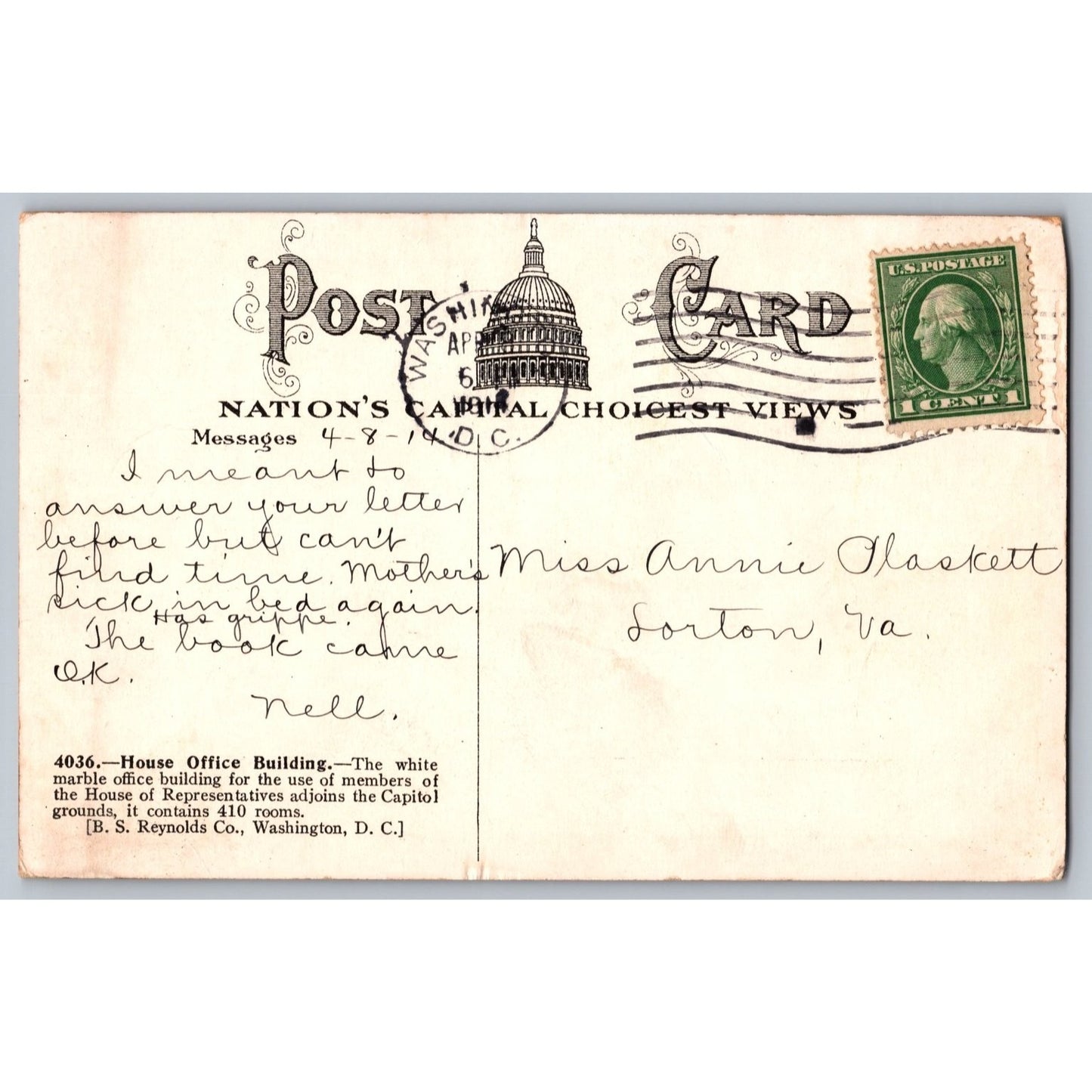 Washington DC House Office Building 1914 Undivided Back Postcard B S Reynolds