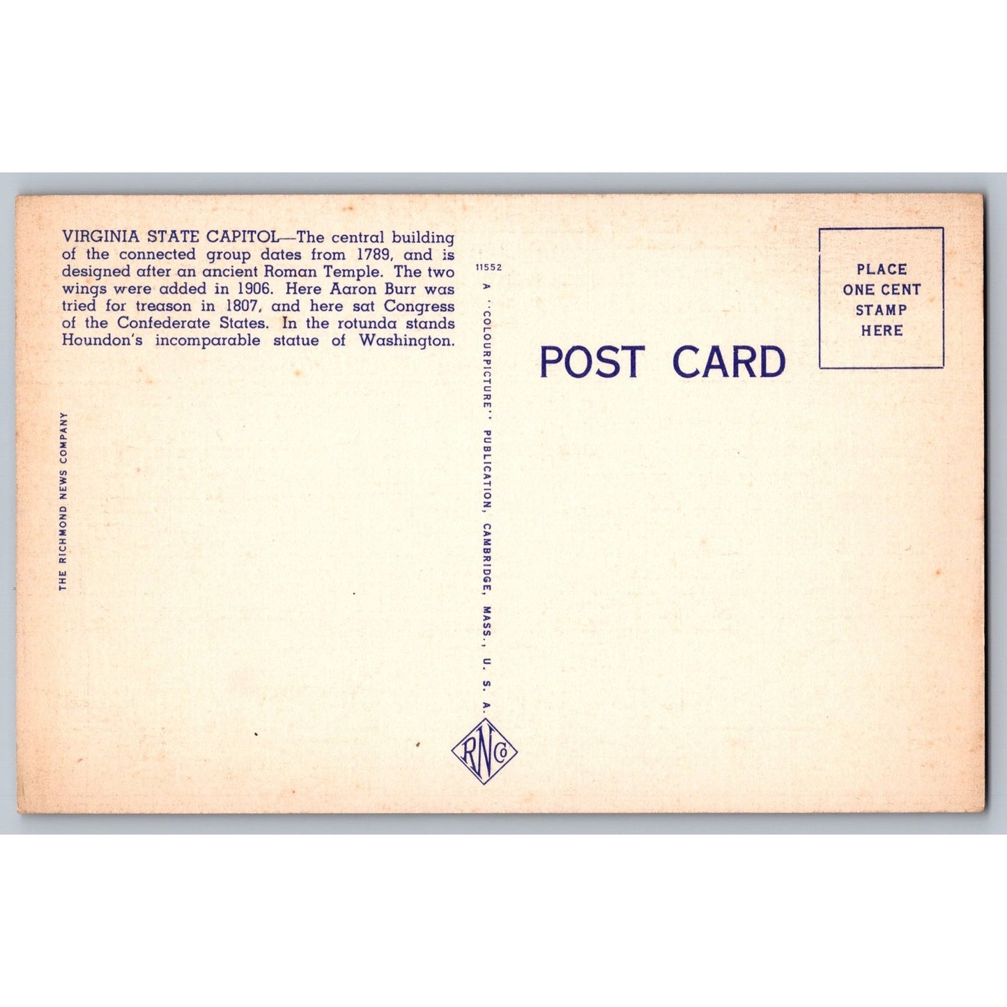 Richmond VA Virginia State Capitol Linen Postcard Richmond Times Co. Unused 1952