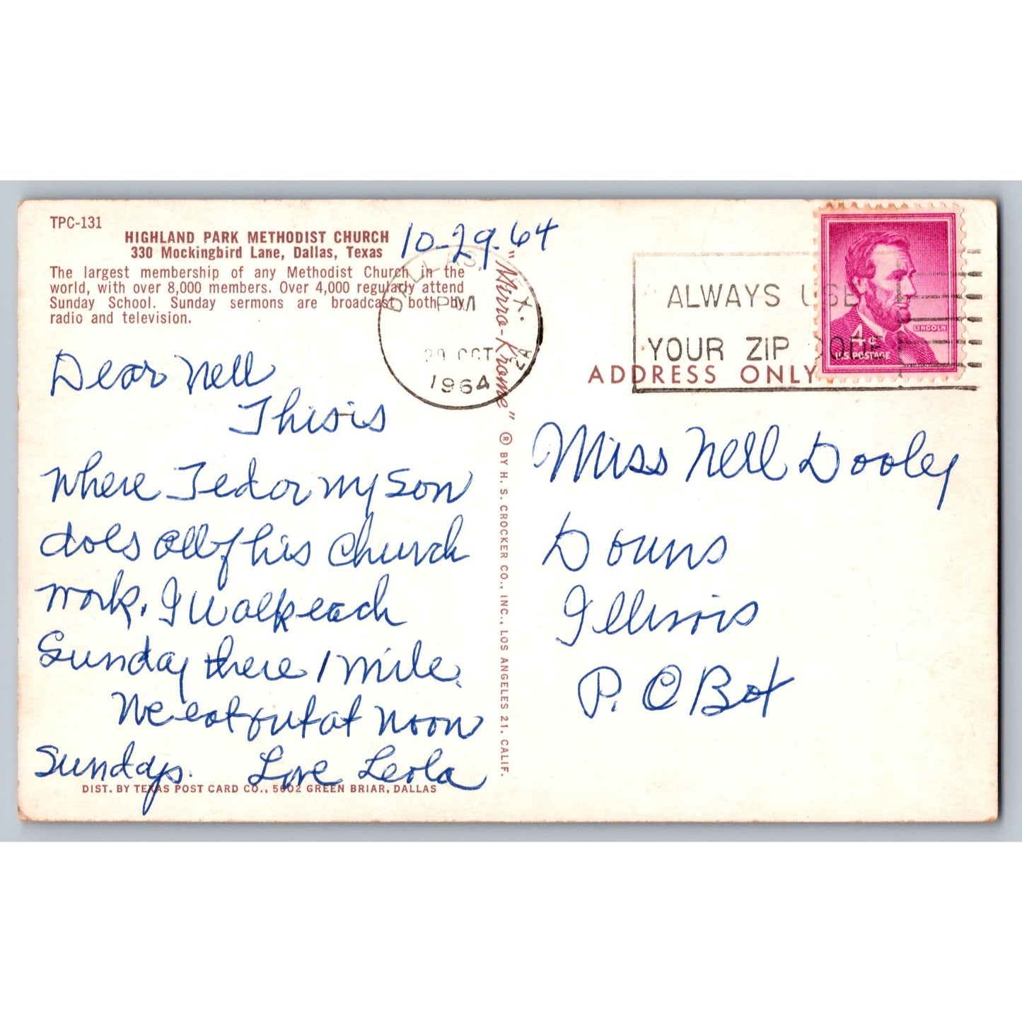 Dallas TX Texas Highland Park Methodist Church 1964 Chrome Postcard Used