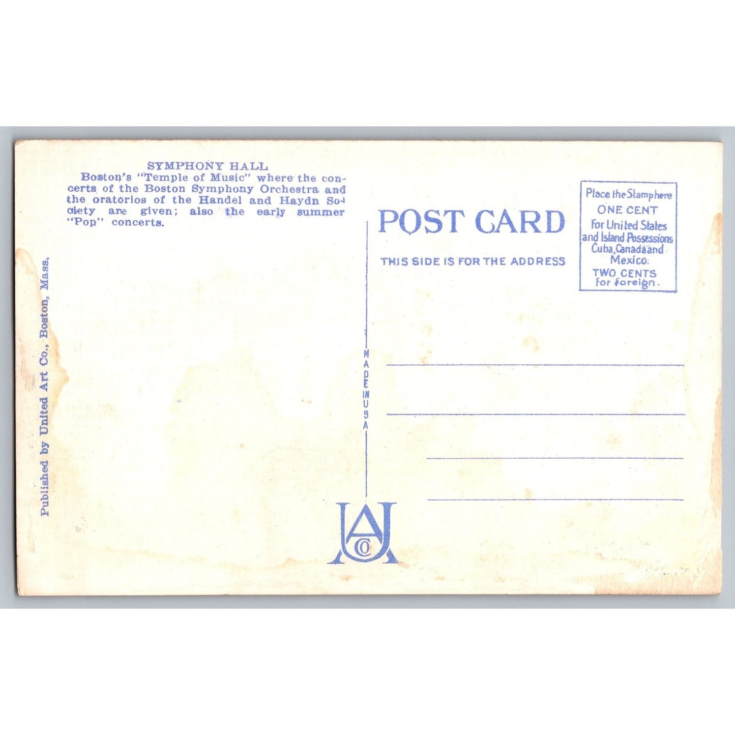 Boston MA Massachusetts Symphony Hall United Art Co Divided Back Postcard Unused