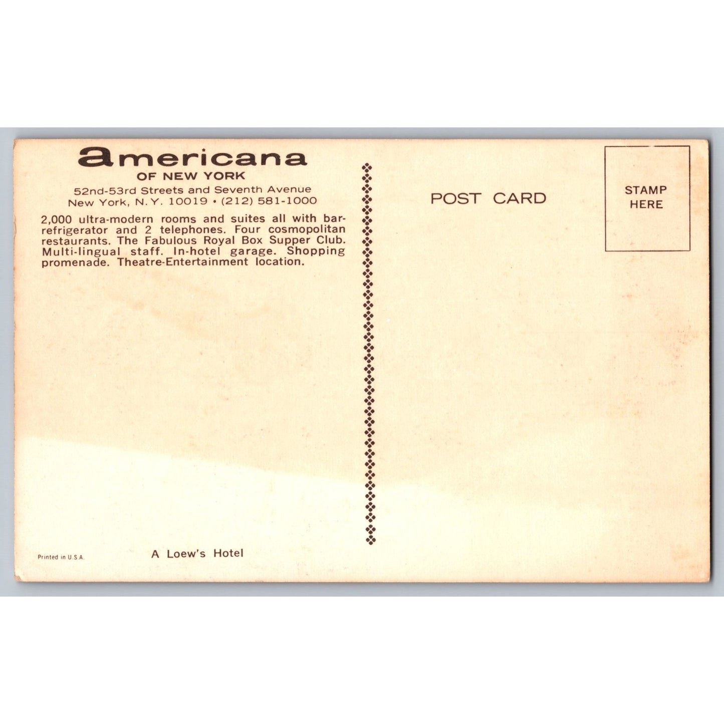 New York City NY New York City NYC Americana Hotel 52nd-53rd Streets Seventh Avenue Chrome Postcard