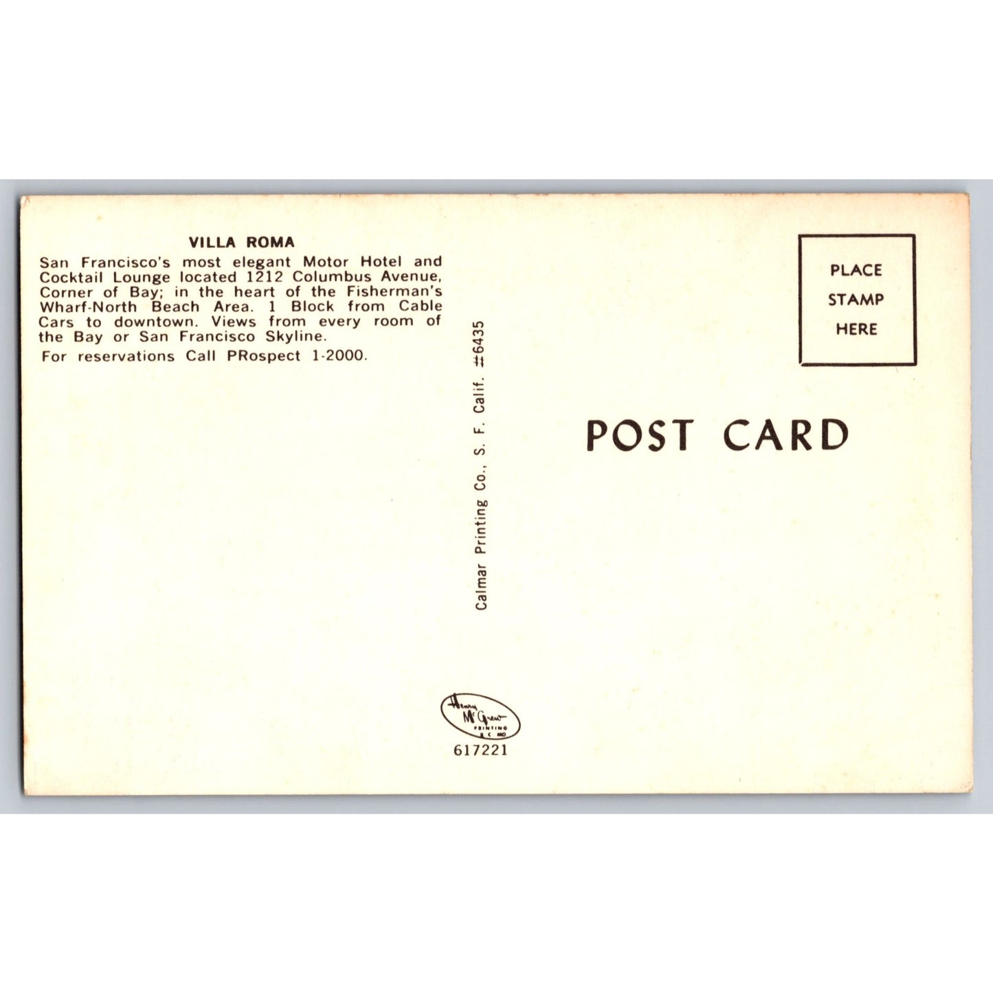 San Francisco CA California Villa Roma Motor Hotel Cocktail Lounge 60s Postcard