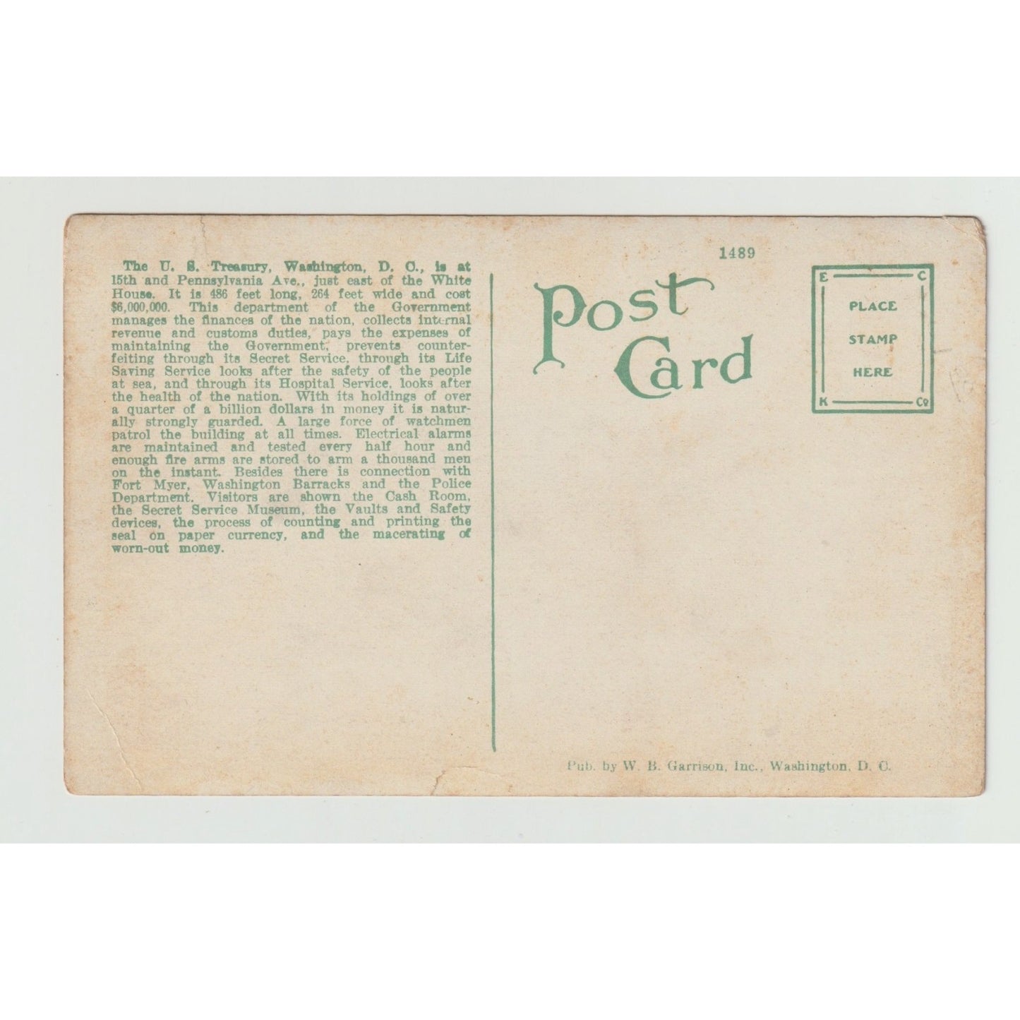 Washington DC US Treasury 1920s White Border Postcard Unused