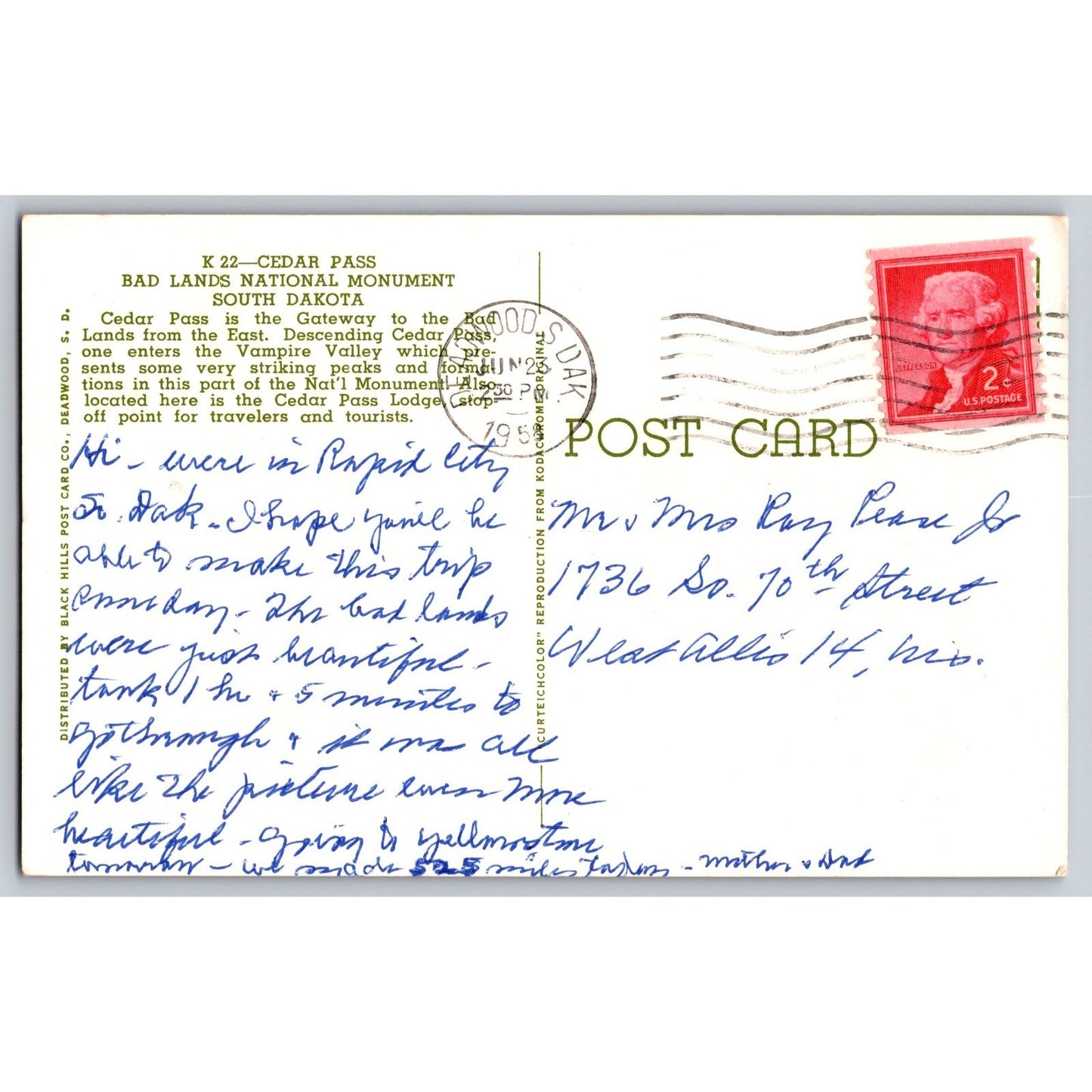 Badlands SD South Dakota Cedar Pass 1960s Chrome Postcard Used