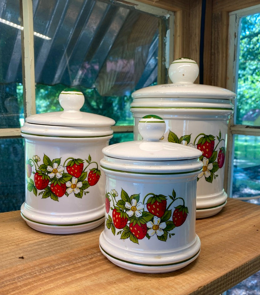 Sears Strawberry Field Ceramic Kitchen Canisters Set of 3