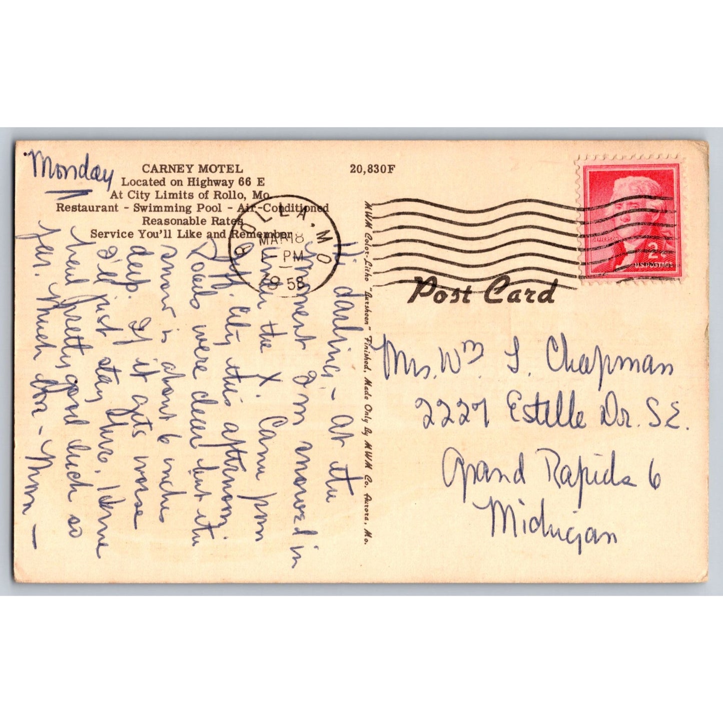 Rolla MO Missouri Carney Motel 1958 Linen Postcard 1958