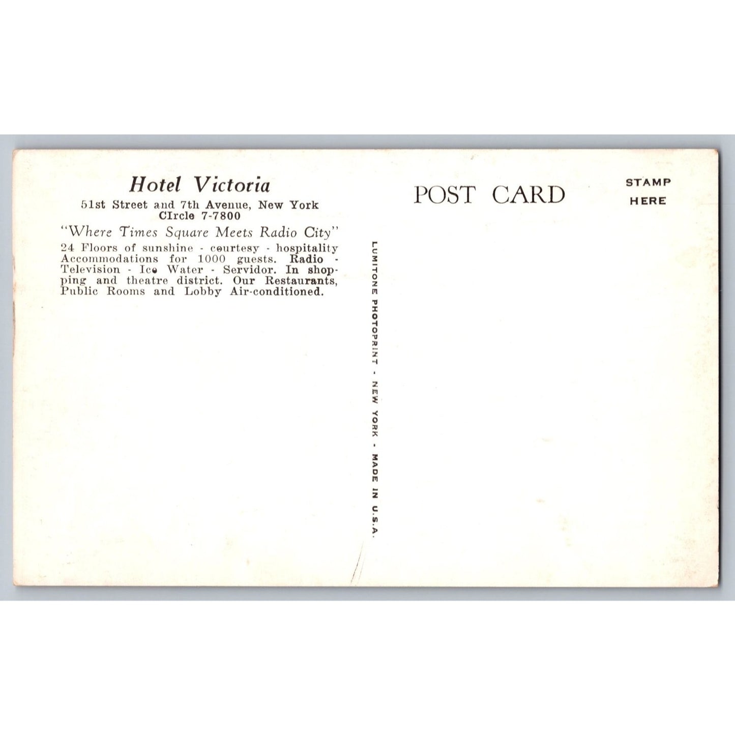 New York City NY Hotel Victoria Radio City Times Square Divided Back Postcard