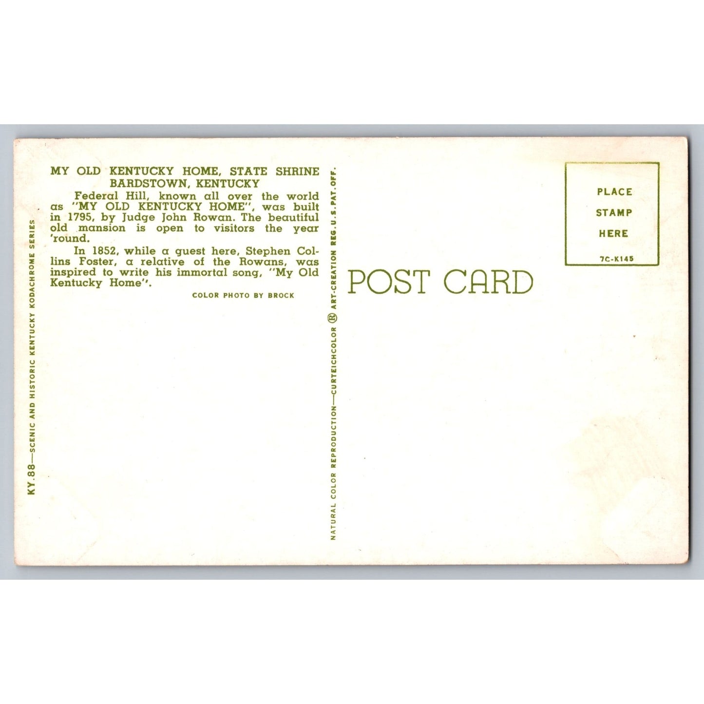 Bardstown KY Kentucky My Old Kentucky Home State Shrine Postcard Chrome Unused