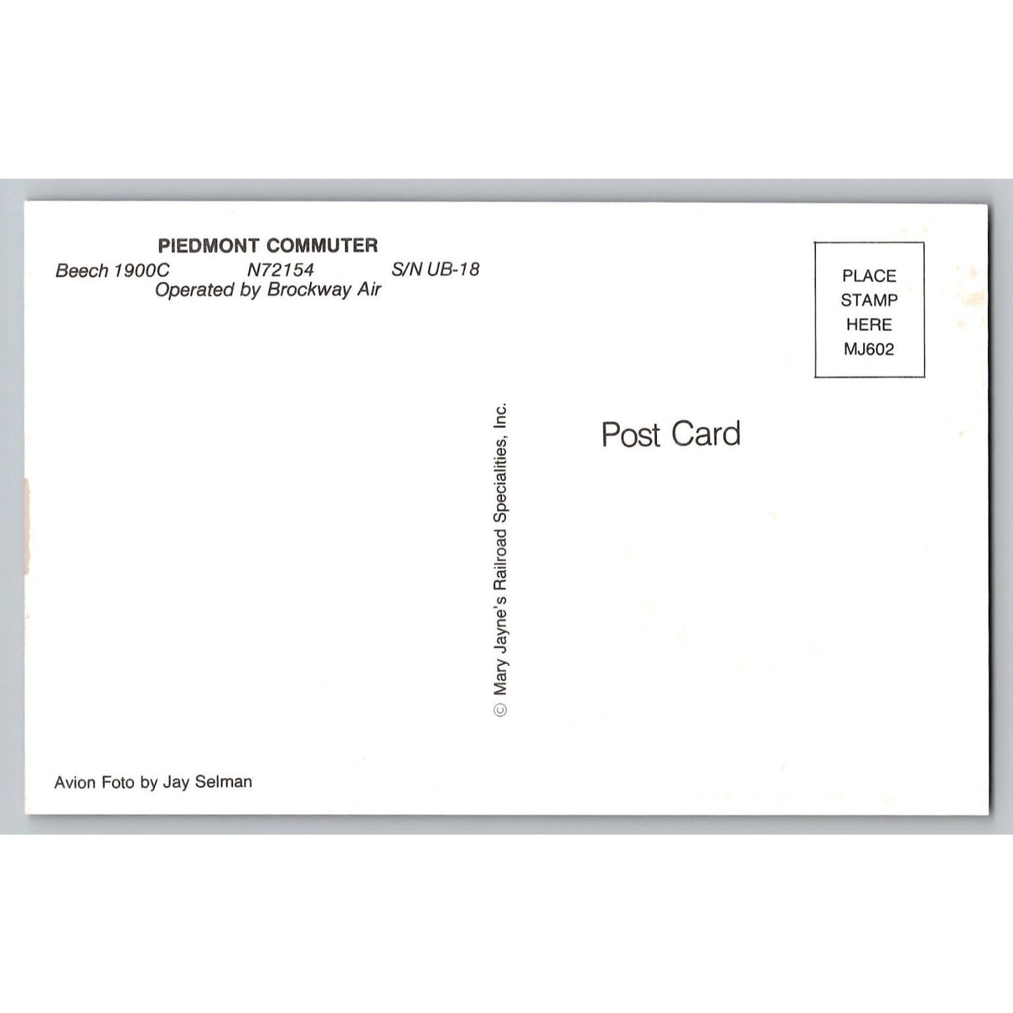 Airplane Piedmont Commuter Beech 1900C Aviation N72154 Chrome Postcard