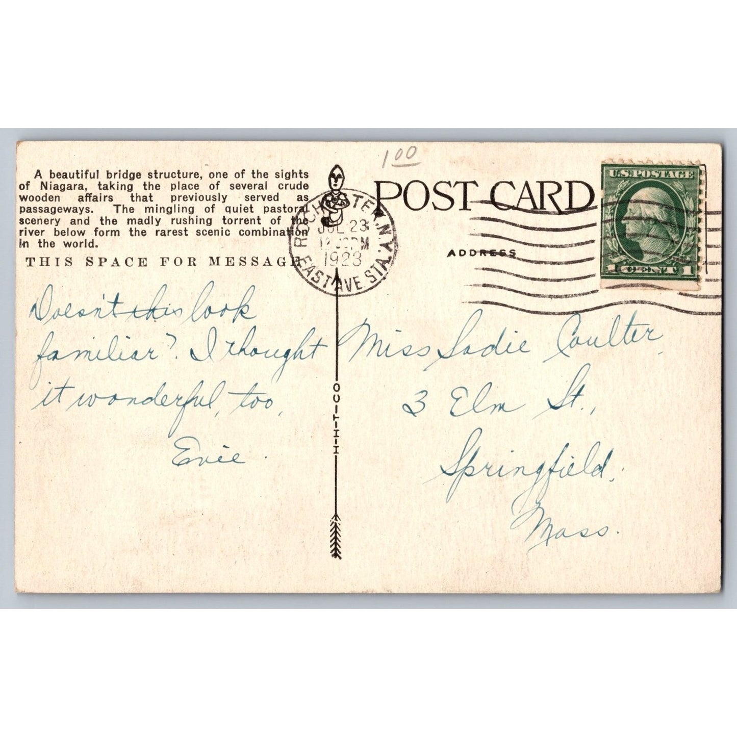Niagara Falls NY New York Goat Island Bridge 1923 Divided Back Postcard Used