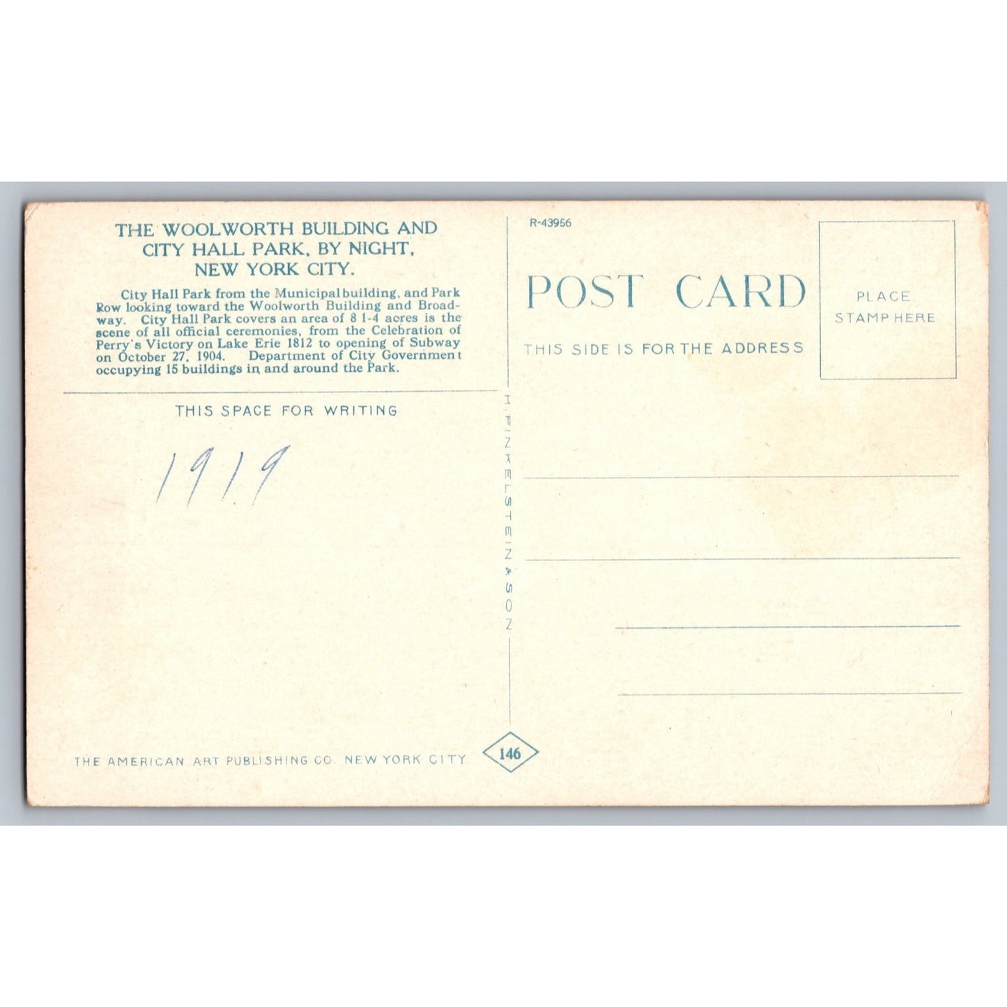 New York City NY Woolworth Building City Hall Park Night Moonlight 1919 Postcard