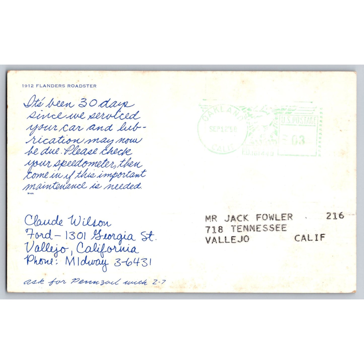 Automobile Postcard 1912 Flanders Roadster 1958 Chrome Postcard