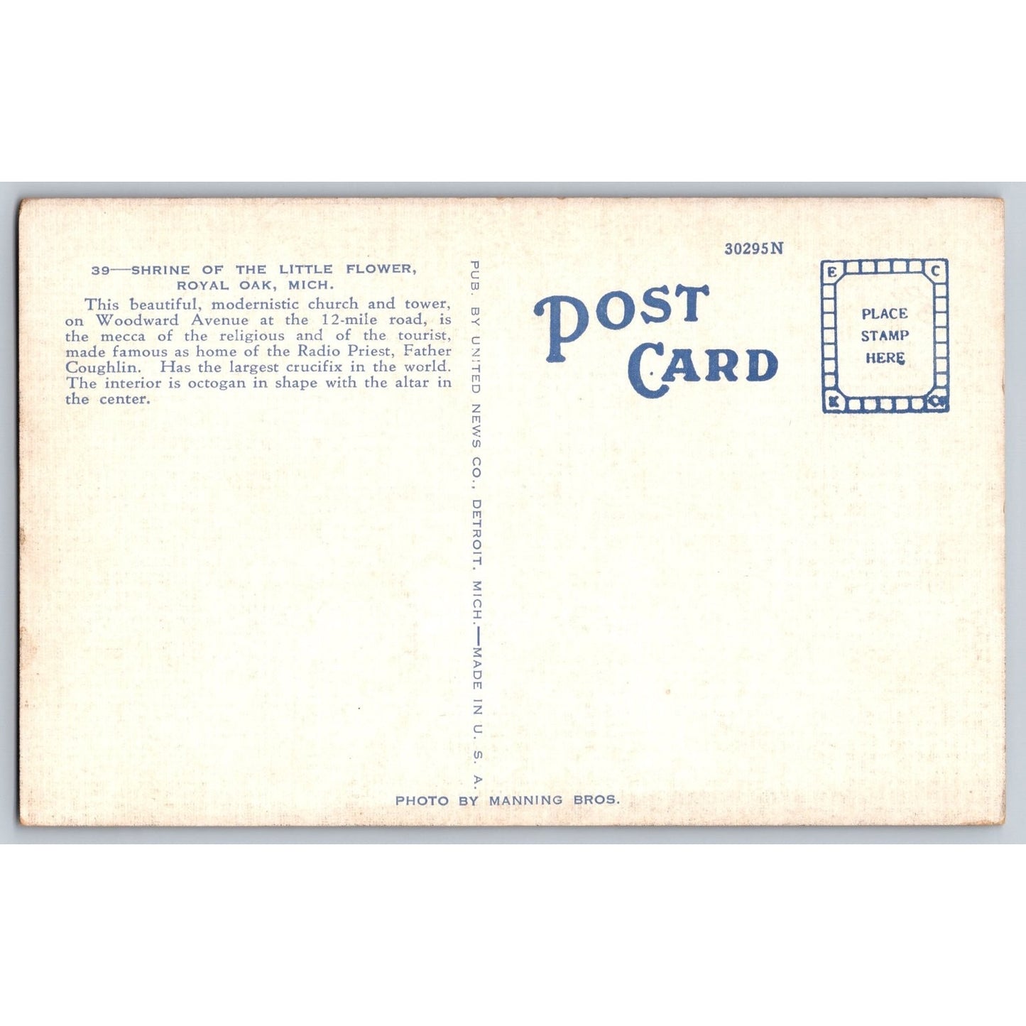 Royal Oak MI Michigan Shrine of the Little Flower Interior Linen Postcard Unused