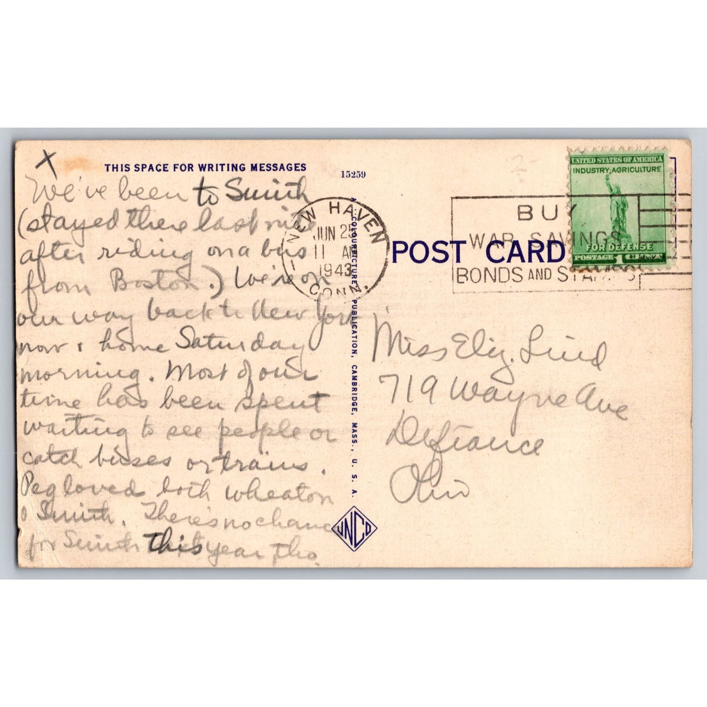 New Haven CT Connecticut Three Churches On The Green 1943 Linen Postcard Used