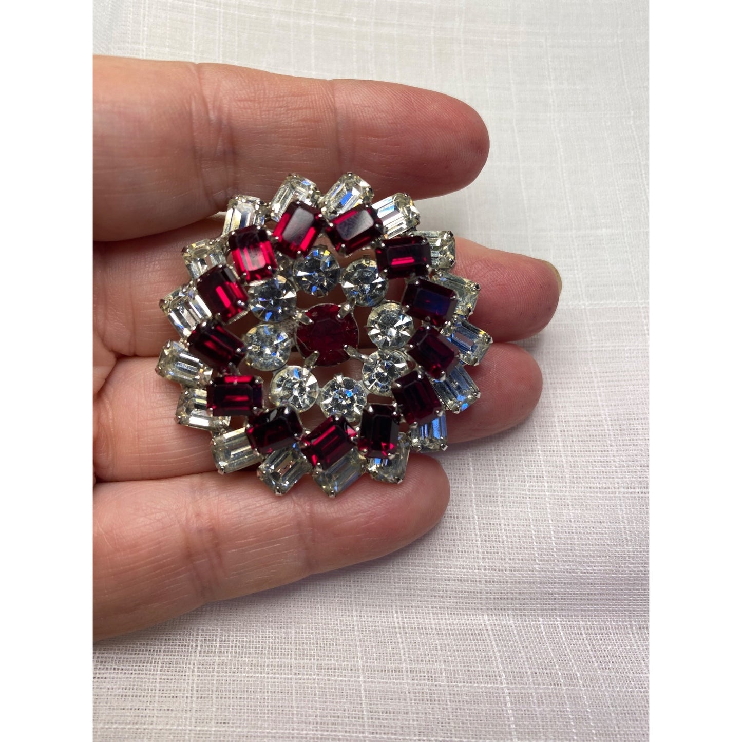 Vintage White Rhinestone & Ruby Red Crystal Floral Brooch Pin Silver-Tone Finish
