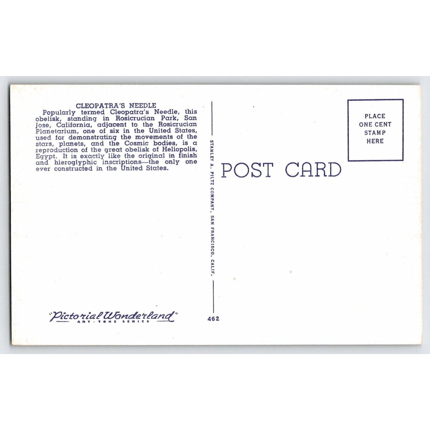 San Jose CA California Cleopatra's Needle & Planetarium Linen Postcard Unused