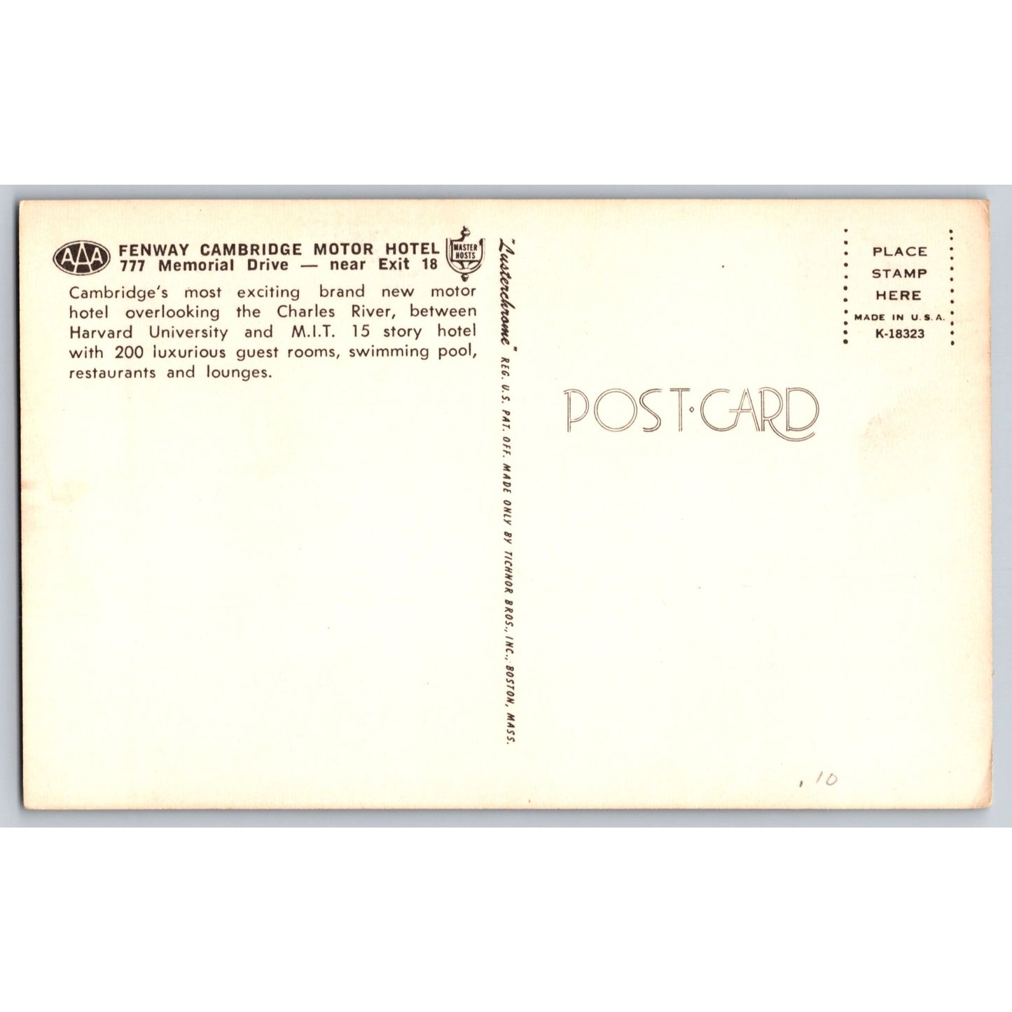 Cambridge CT Connecticut Fenway Cambridge Motor Hotel Charles River Postcard