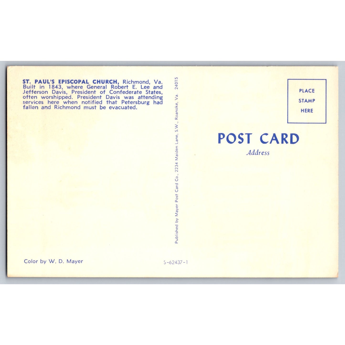 Richmond VA Virginia St Pauls Episcopal Church Chrome Postcard Unused WD Mayer