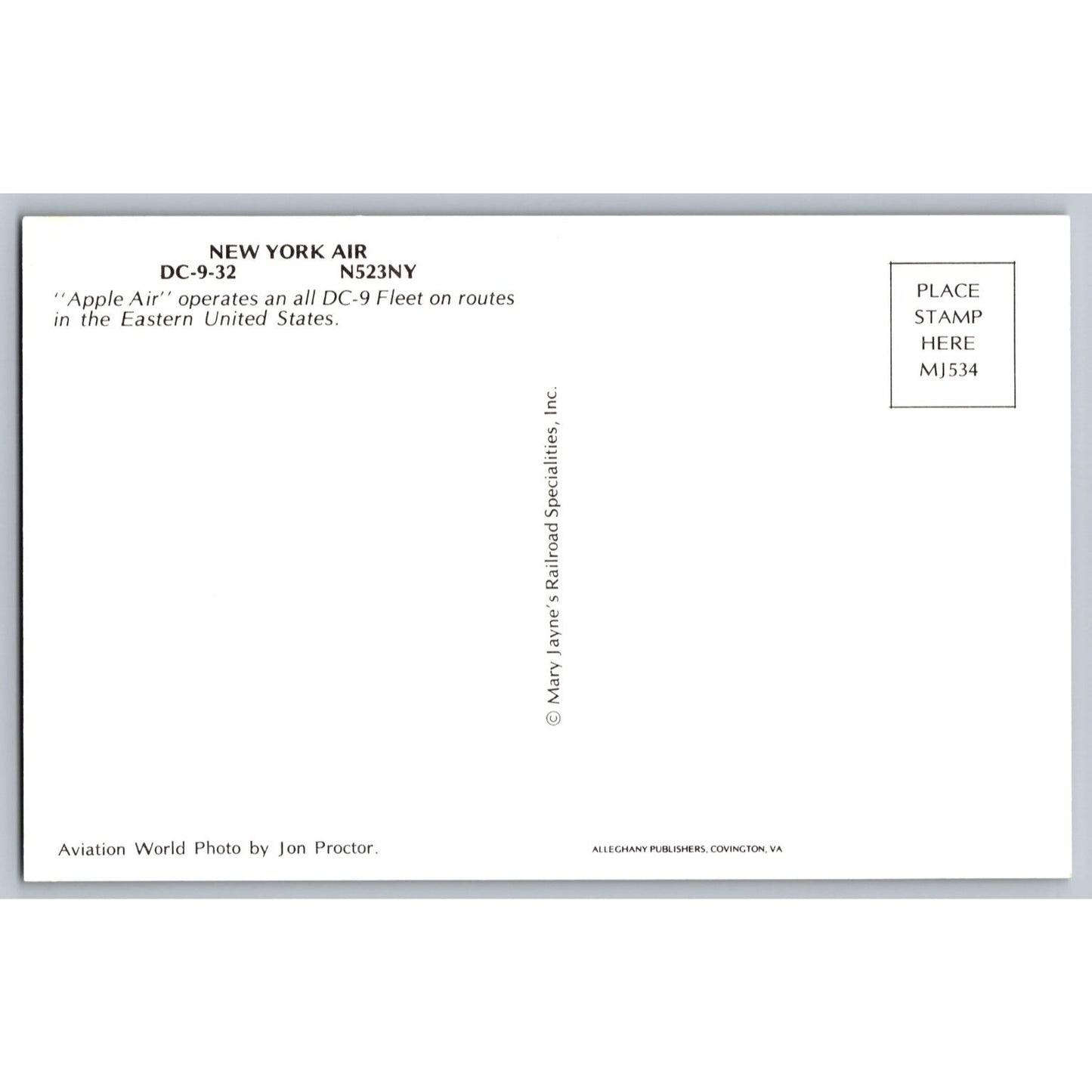 Airplane New York Air DC-9-32 Apple Air Jet Airplane Transportation Postcard