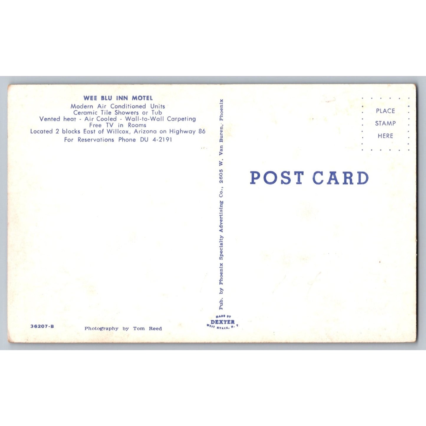 Willcox AZ Arizona Wee Blu Inn Motel Chrome Postcard Unused Tom Reed