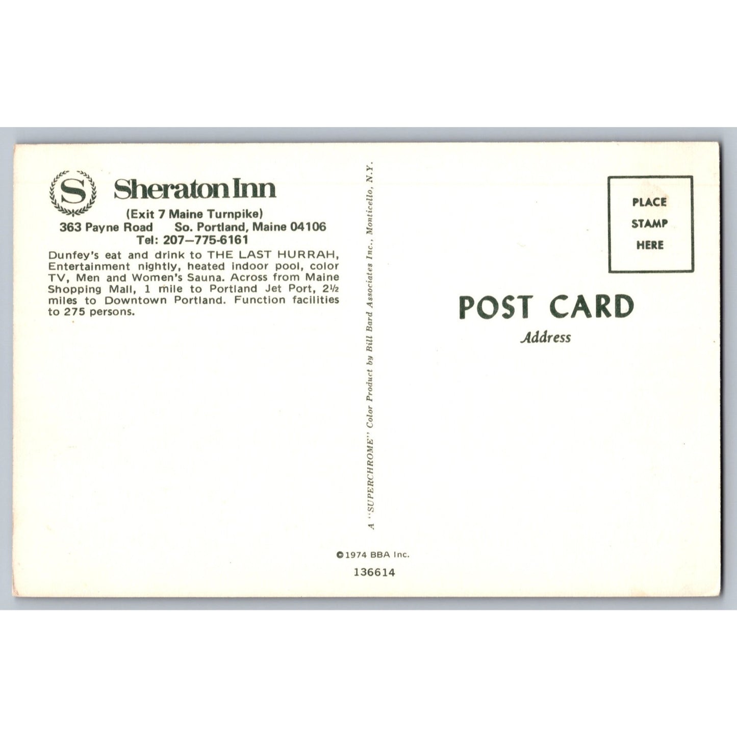 Portland ME Maine Sheraton Inn Hotel at night Chrome Postcard Unused