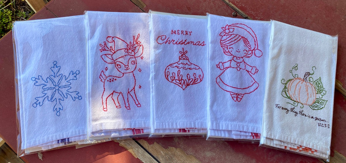 Hand Embroidered Flour Sack Cloth - Christmas Deer - Red Stripe